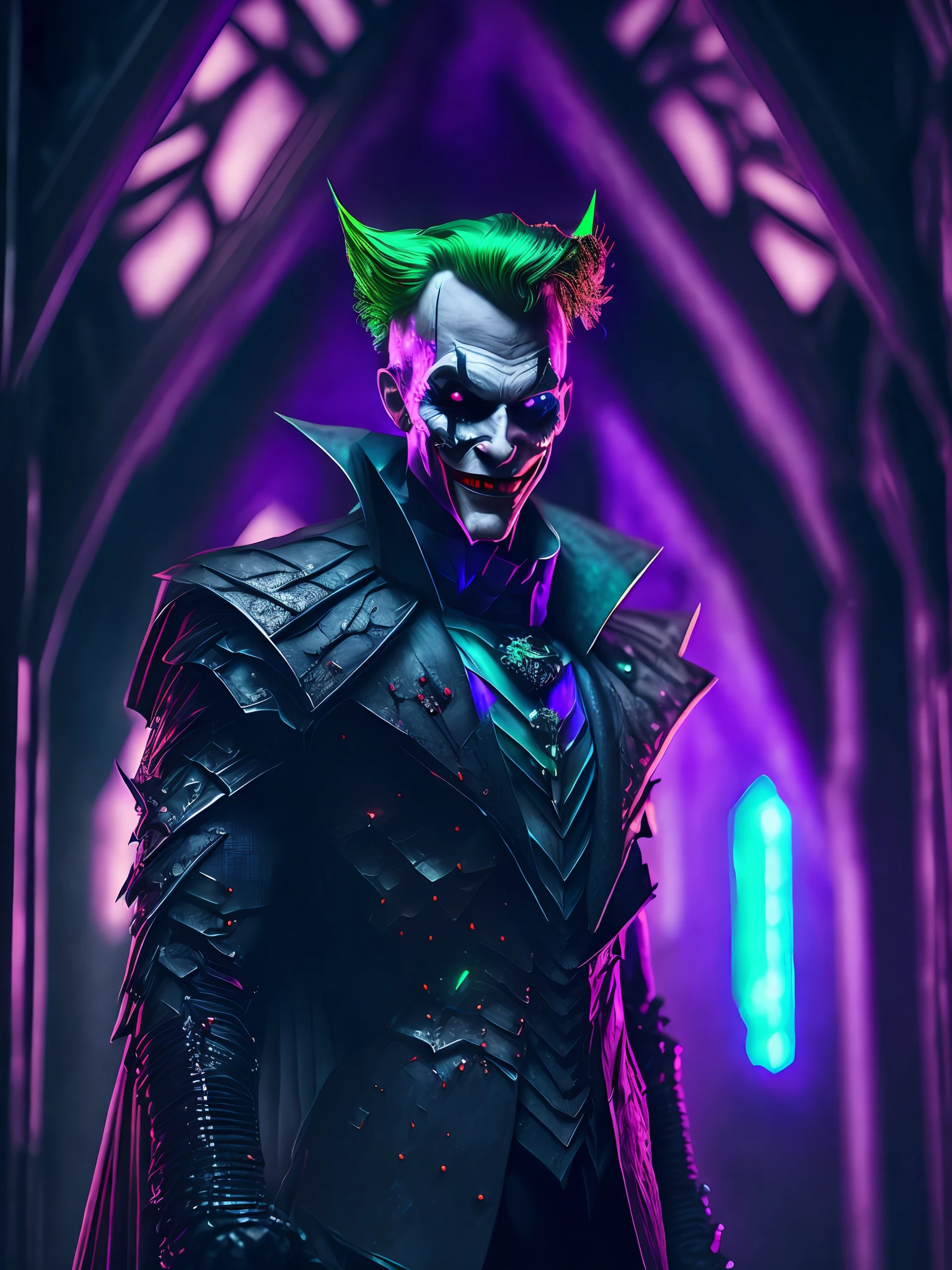 somber portrait of Evil Joker from DC with intricate angular cybernetic implants inside a brutalist building, gothic brutalist cathedral, cyberpunk, award-winning photo, bokeh, neon lights, cybernetic limb
