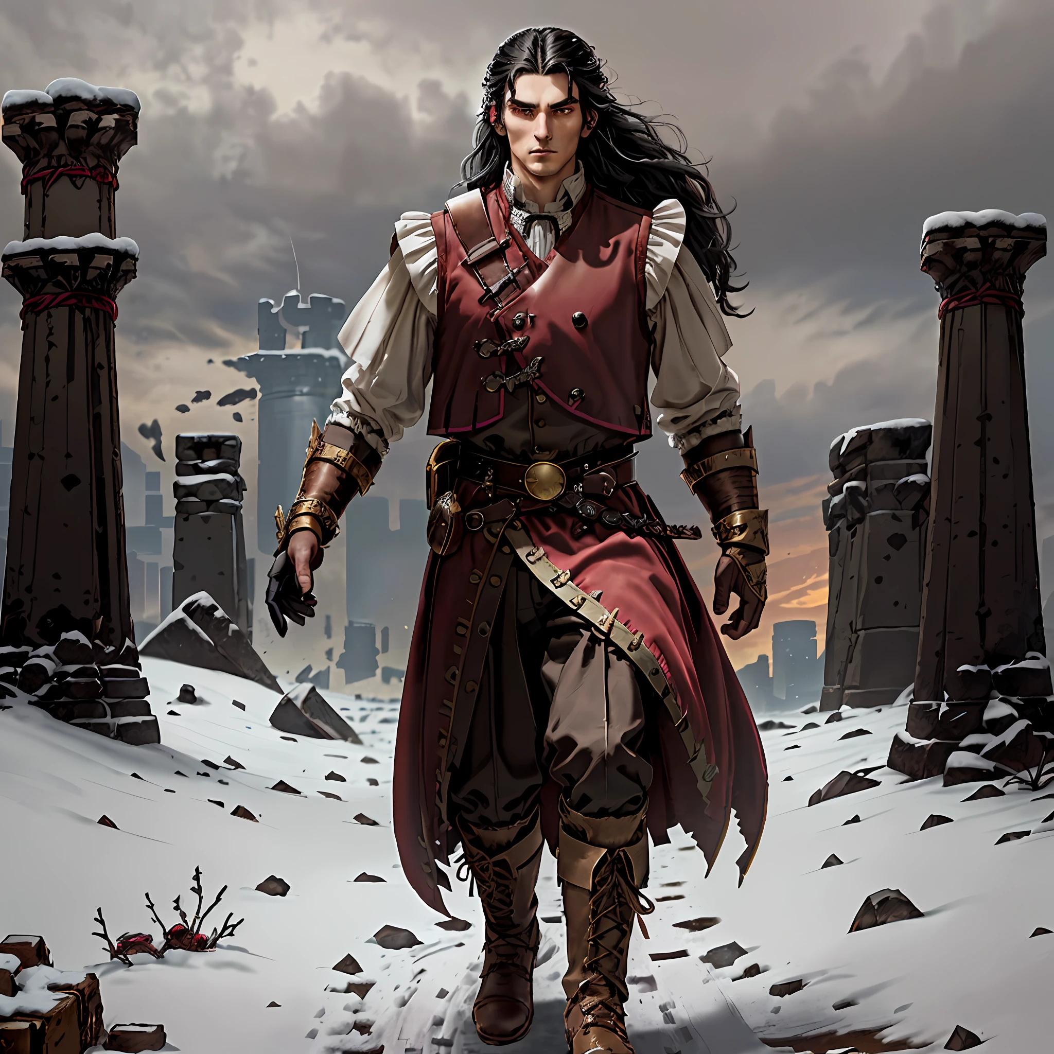 ung man, (((soil))), (25 years old, 1.90 meters tall, athletic body, snow-white skin, with a long black hair that extends to his back in a (single) long thick and adorned braid, has white strands of hair in his bangs, his eyes shine entirely in an intense red anger, has a defined face, with thick eyebrows, is staring forward and hateful: 1.15), (wears a pink Victorian shirt with ruffles on his collar, a pleated brown leather vest adorned with gold cufflinks, a thick dark red fabric overcoat with silver metal shoulder pads and various insignia on the left chest, a black trouser secured by a thick leather belt that ends inside a pair of brown leather high boots, wears metal-tipped gloves), (holds an M1 shotgun with both hands, has an ornate saber sheathed at his waist), (he's walking in a cold setting, with remains of ruins of ancient castles and temples in the background, covered in ashes).