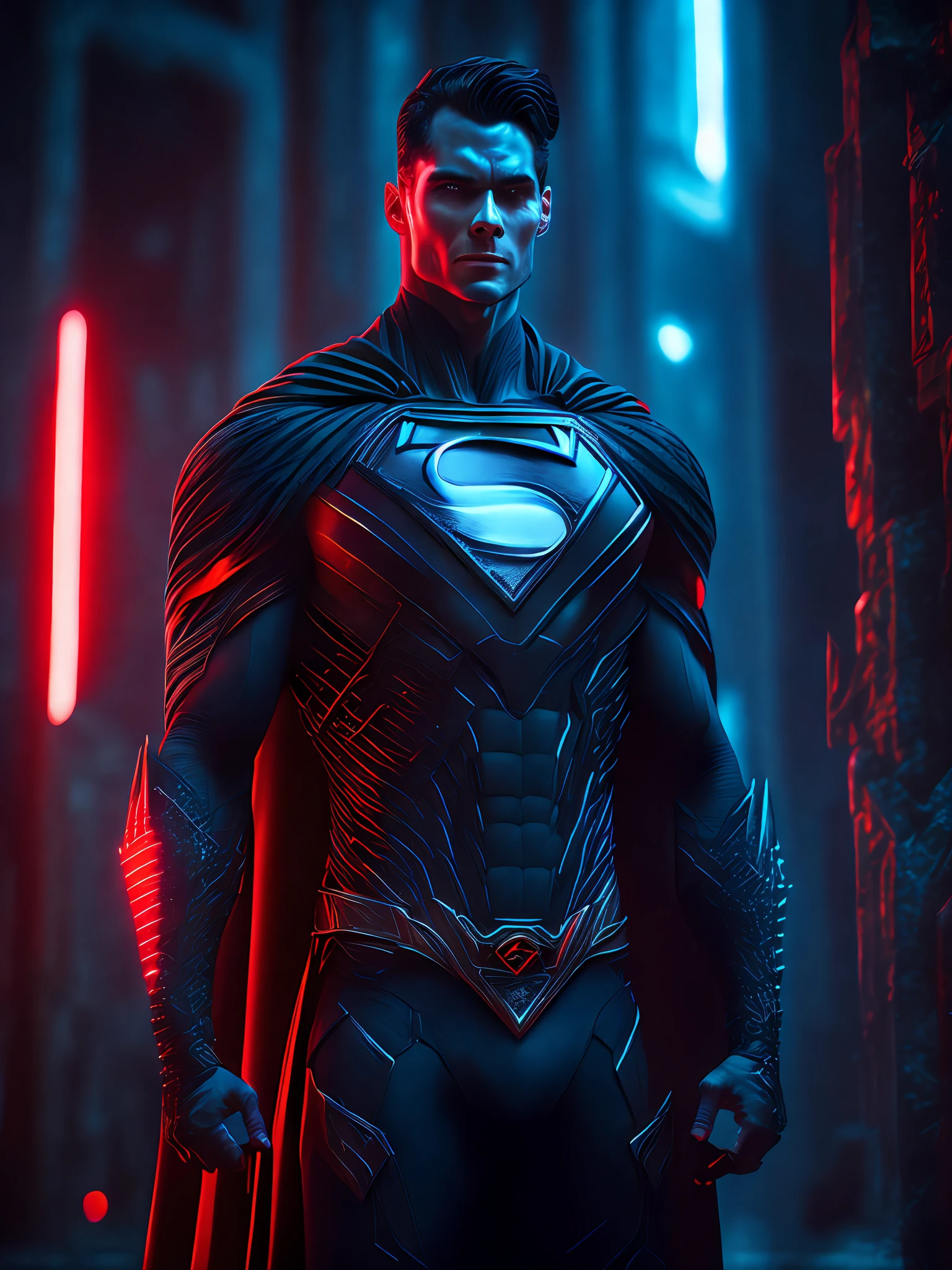 dark portrait of Evil Superman from DC with intricate angular cybernetic implants inside a brutalist building, gothic brutalist cathedral, cyberpunk, award-winning photos, bokeh, neon lights, cybernetic limb
