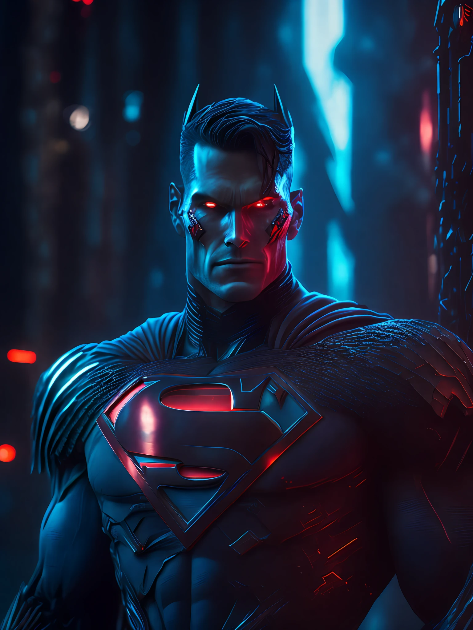 dark portrait of Evil Superman from DC with intricate angular cybernetic implants inside a brutalist building, gothic brutalist cathedral, cyberpunk, award-winning photos, bokeh, neon lights, cybernetic limb