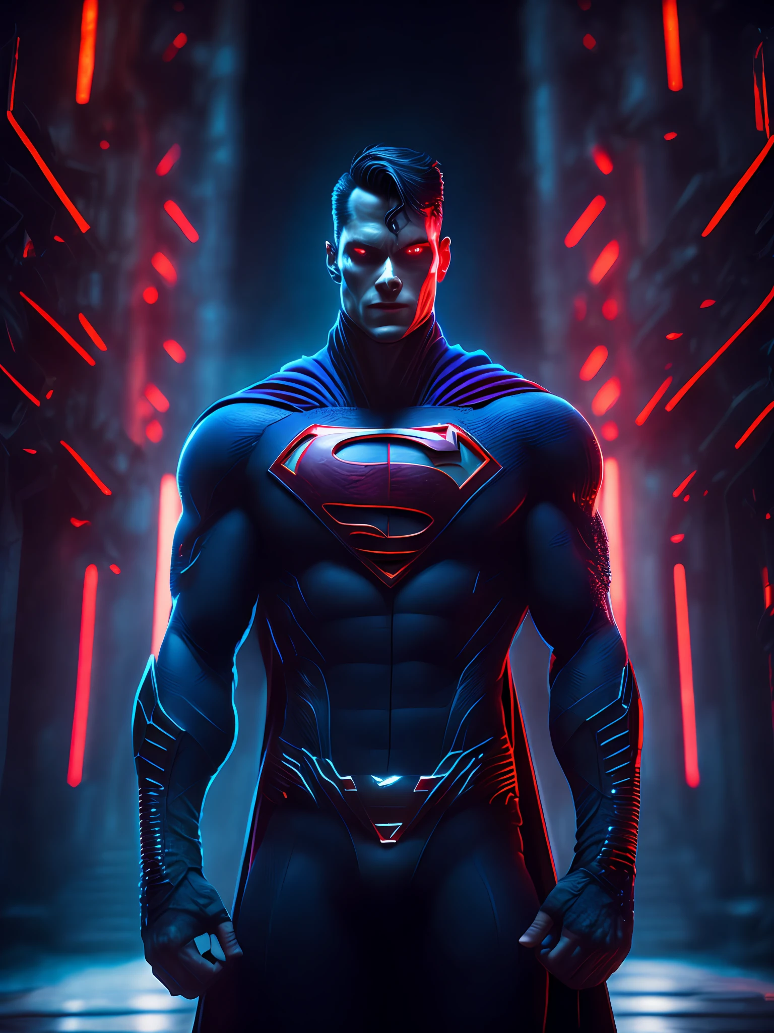 dark portrait of Evil Superman from DC with intricate angular cybernetic implants inside a brutalist building, gothic brutalist cathedral, cyberpunk, award-winning photos, bokeh, neon lights, cybernetic limb