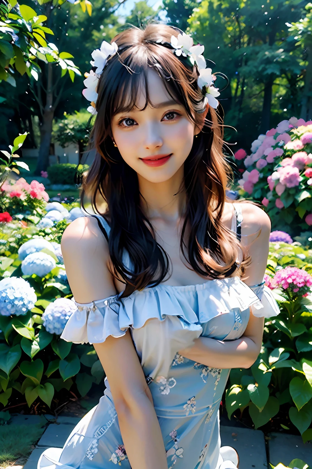 best quality, masterpiece, ultra high res, 8K, raw, (photo realistic:1.4), professional lighting, depth of field, (detailed background:1.5), hydrangeas, flower garden, slender, stretch, 1 girl, cute, smile, big black eyes, teeth, tiny breasts, detailed clothes, (black, one-piece with frill)