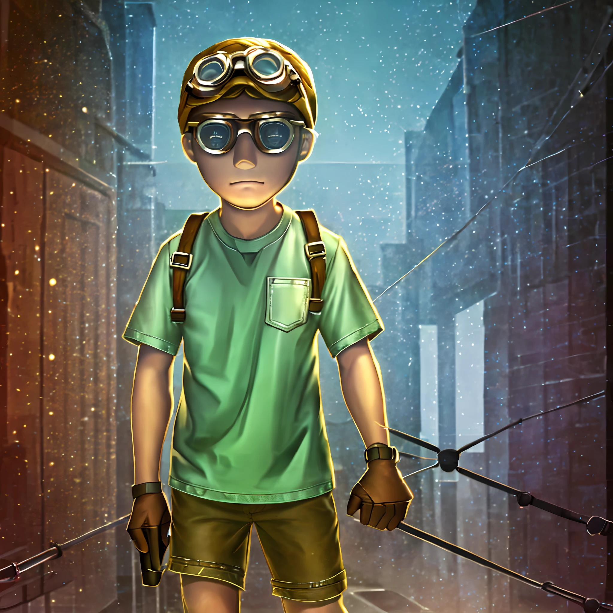 Masterpiece, high quality, young boy, goggles on head, brown short sleeve shirt, brown shorts, blonde, facing forward, looking at camera, full body, center of screen