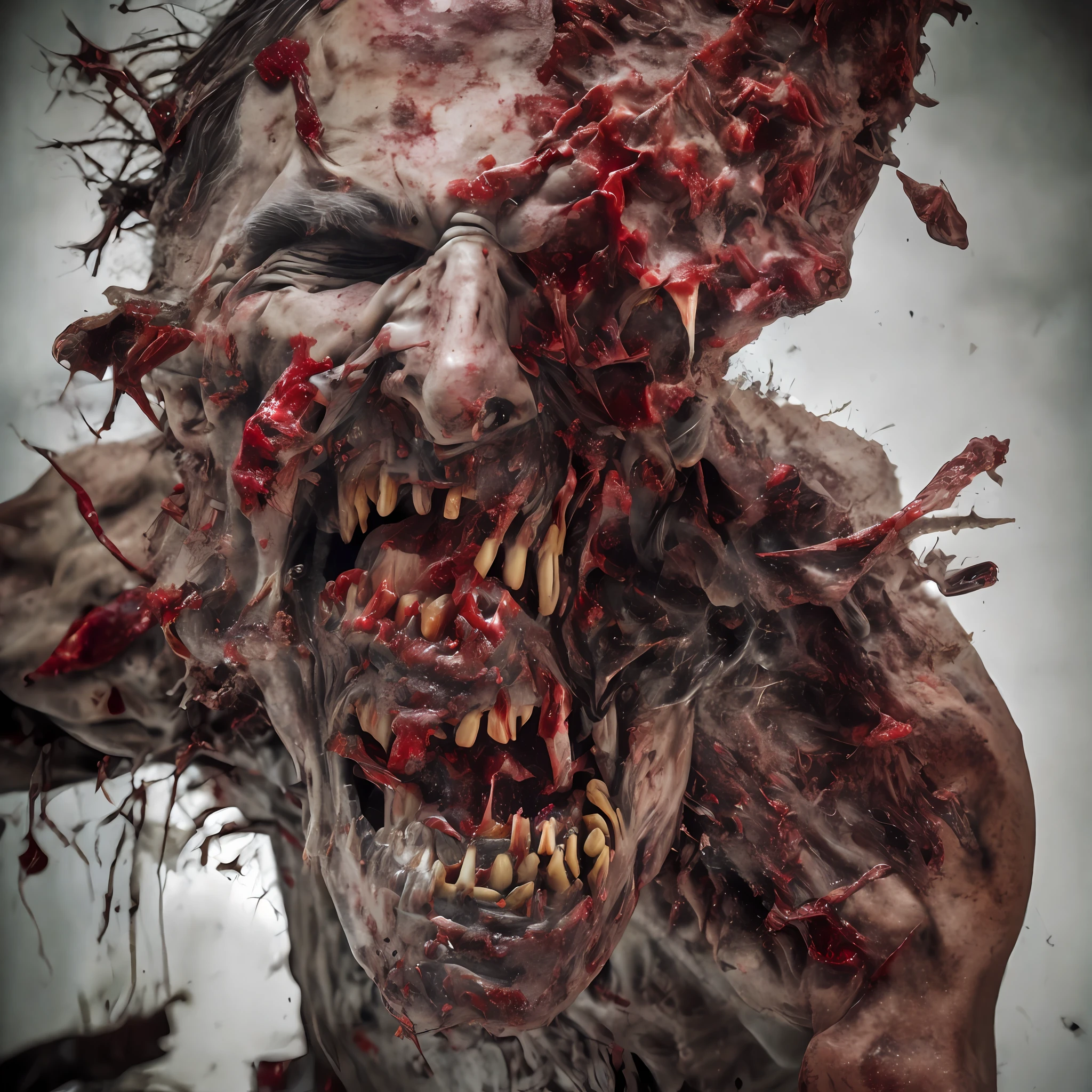 Man with head broken in half, brain falling, rotting teeth, scattered guts, blood, necrotizing skin, vivid colors, 8k quality, lots of detail, cinematic focus