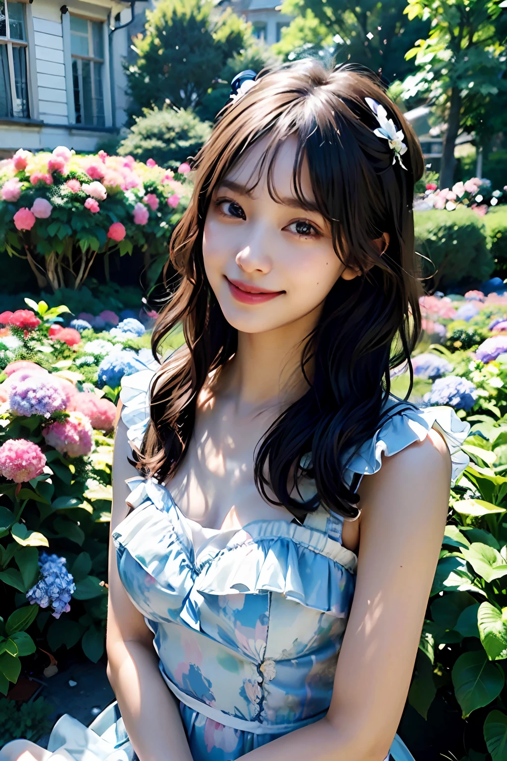 best quality, masterpiece, ultra high res, 8K, raw, (photo realistic:1.4), professional lighting, depth of field, (detailed background:1.5), hydrangeas, flower garden, slender, stretch, 1 girl, cute, smile, big black eyes, teeth, tiny breasts, detailed clothes, (black, one-piece with frill)