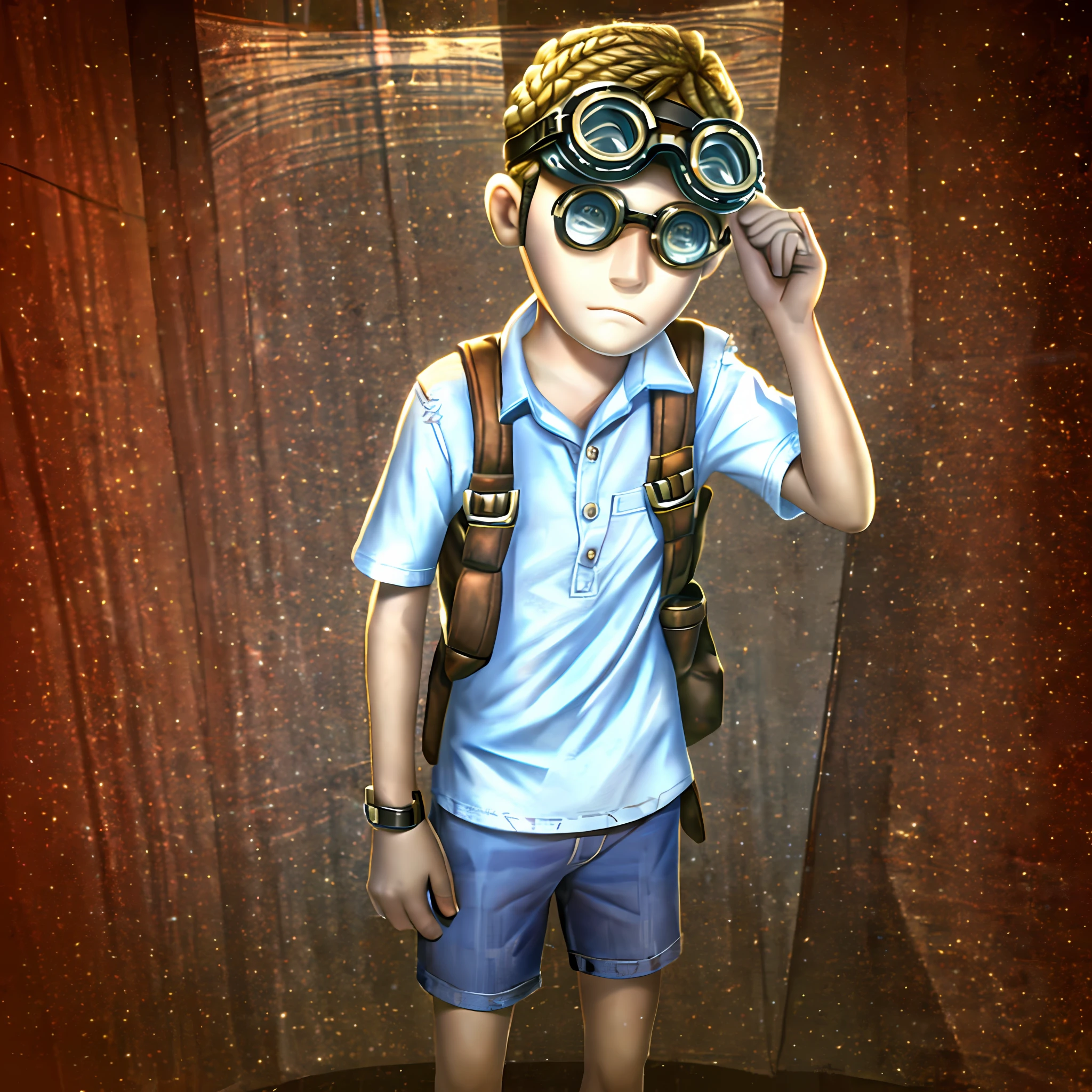 Masterpiece, high quality, young boy, goggles on head, brown short sleeve shirt, brown shorts, blonde, facing forward, looking at camera, full body, center of screen