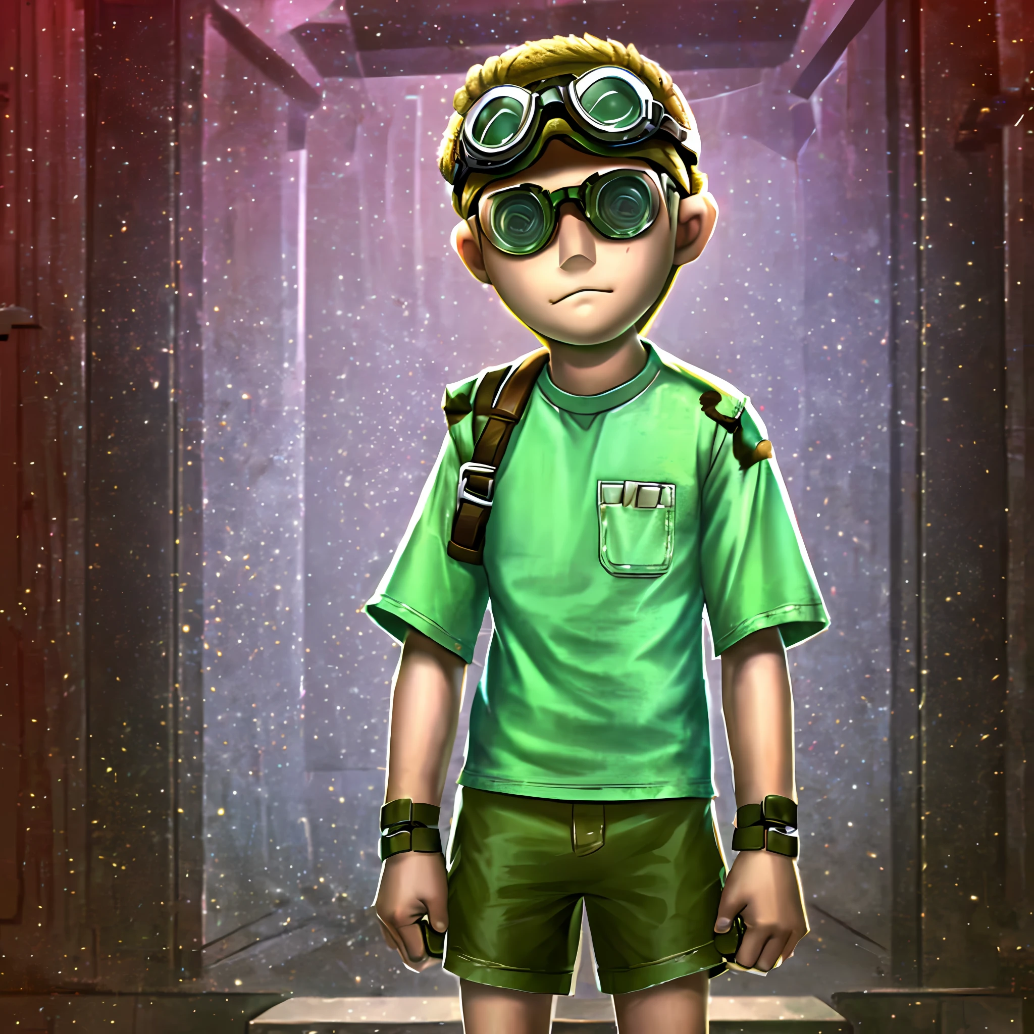 Masterpiece, high quality, young boy, goggles on head, brown short sleeved shirt and shorts, blonde, facing front, looking at camera, full body, center of screen