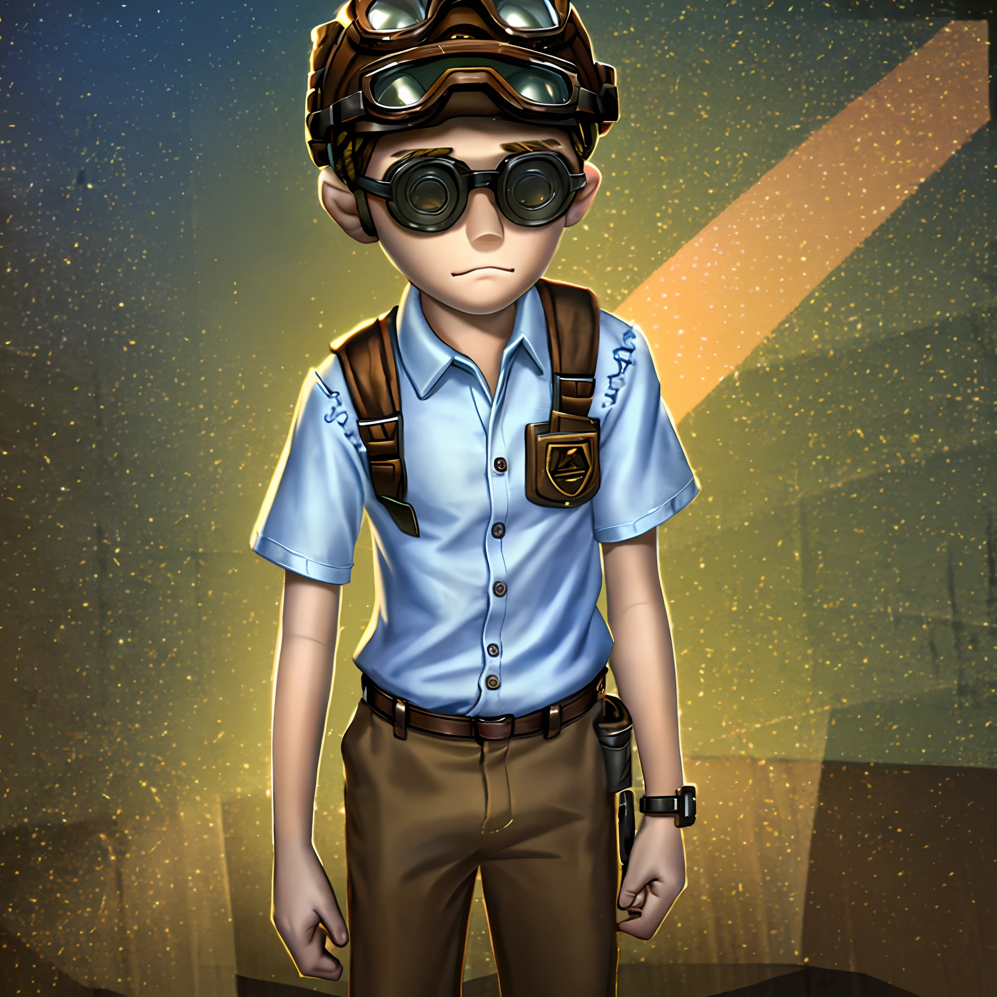brown short sleeve shirt, brown short pants, masterpiece, high quality, young boy, goggles on head, blonde, facing forward, looking at camera, full body, center of the screen