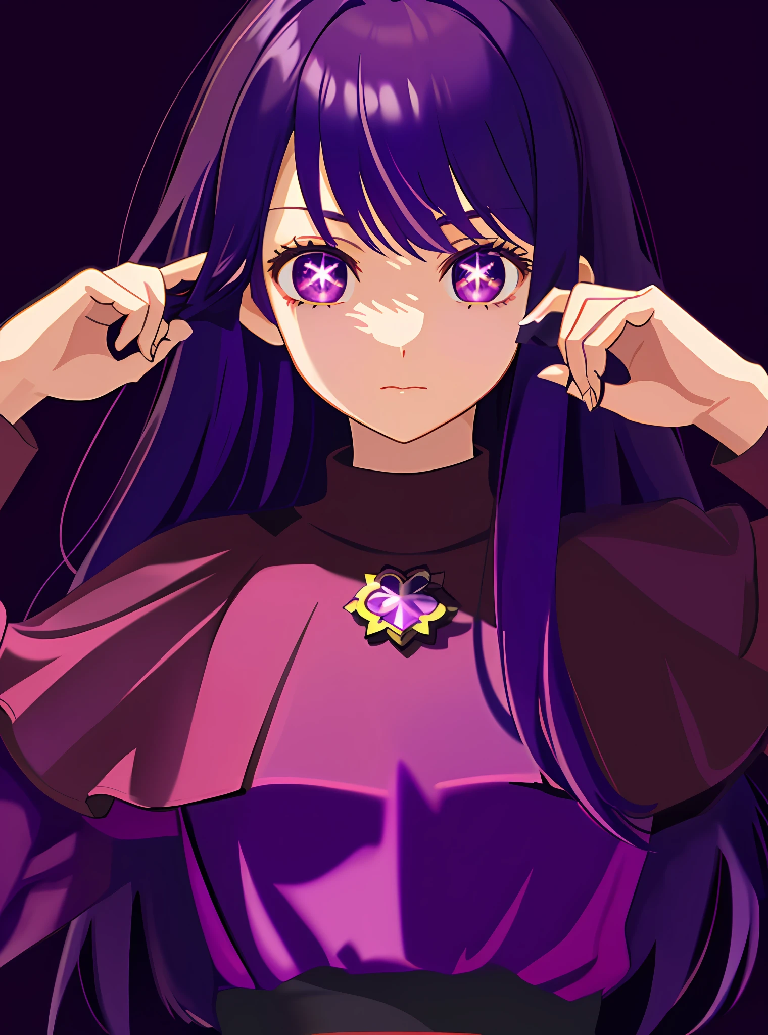 masterpiece, (best quality:1.2), detailed, Hoshino Ai, 1girl, (solo), (purple hair:1.2), hair down, (purple eyes), star-shaped pupils, (closed mouth:1.2), (upper body:1.3), (long sleeve dress:1.3), (purple dress:1.2), detailed eyes, highres, (simple background, purple background:1.3), high details, (staring at viewer:1.2)