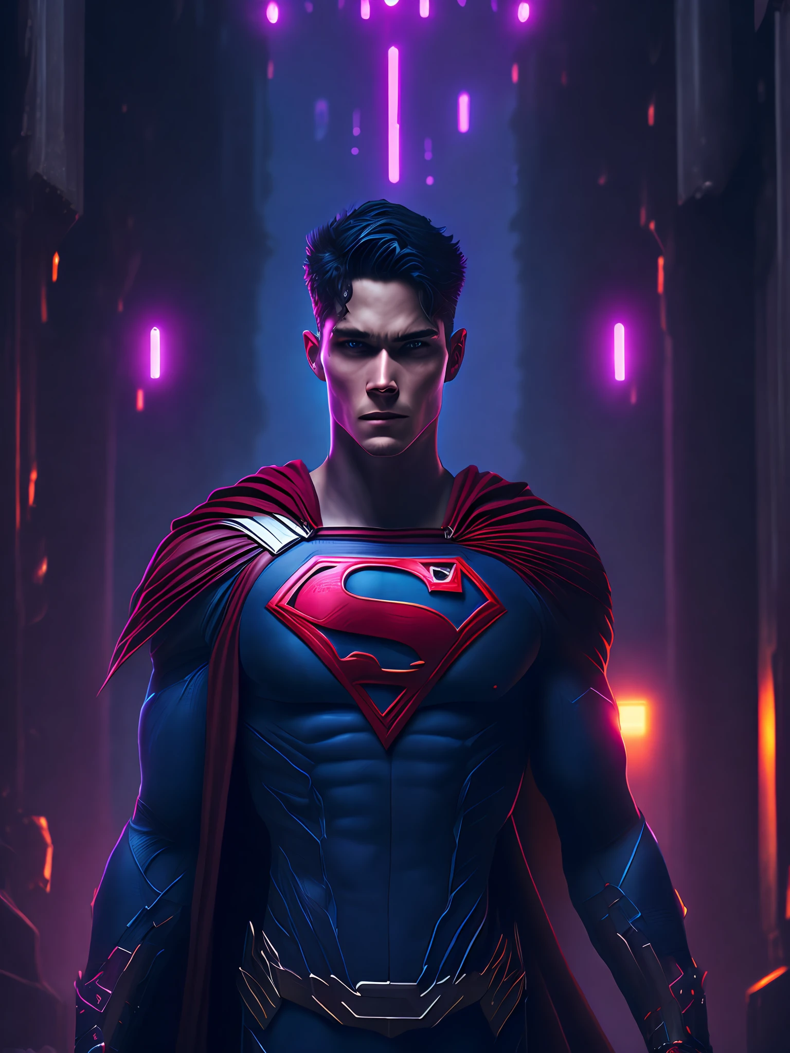 a somber portrait of Superboy-Prime from DC with intricate angular cybernetic implants inside a brutalist building, a gothic brutalist cathedral, cyberpunk, award-winning photos, bokeh, neon lights, cybernetic limb