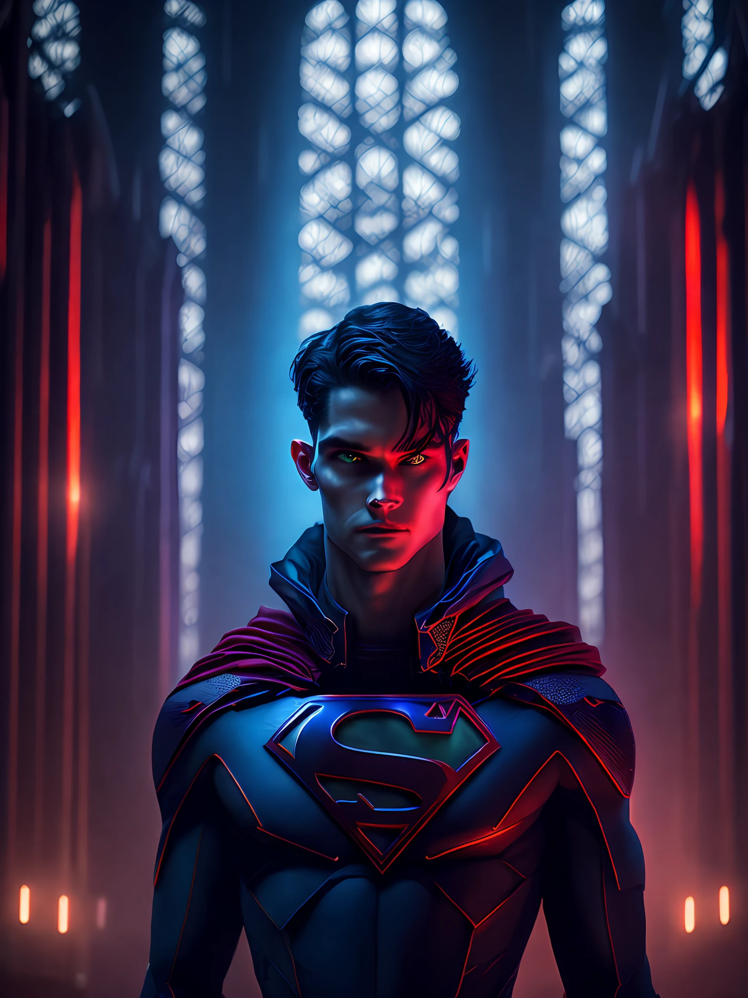 a somber portrait of Superboy-Prime from DC with intricate angular cybernetic implants inside a brutalist building, a gothic brutalist cathedral, cyberpunk, award-winning photos, bokeh, neon lights, cybernetic limb
