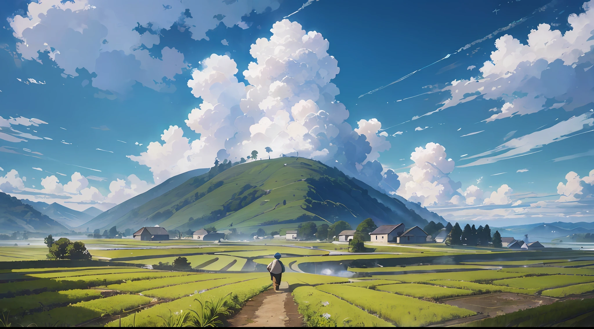 An old farmer carrying a flat burden, walking on the winding path of the countryside, big clouds, blue sky, rice fields, neat rice seedlings in the field, forest, hillside, secluded, countryside, HD detail, hyper-detail, cinematic, surrealism, soft light, deep field focus bokeh, ray tracing and surrealism. --v6