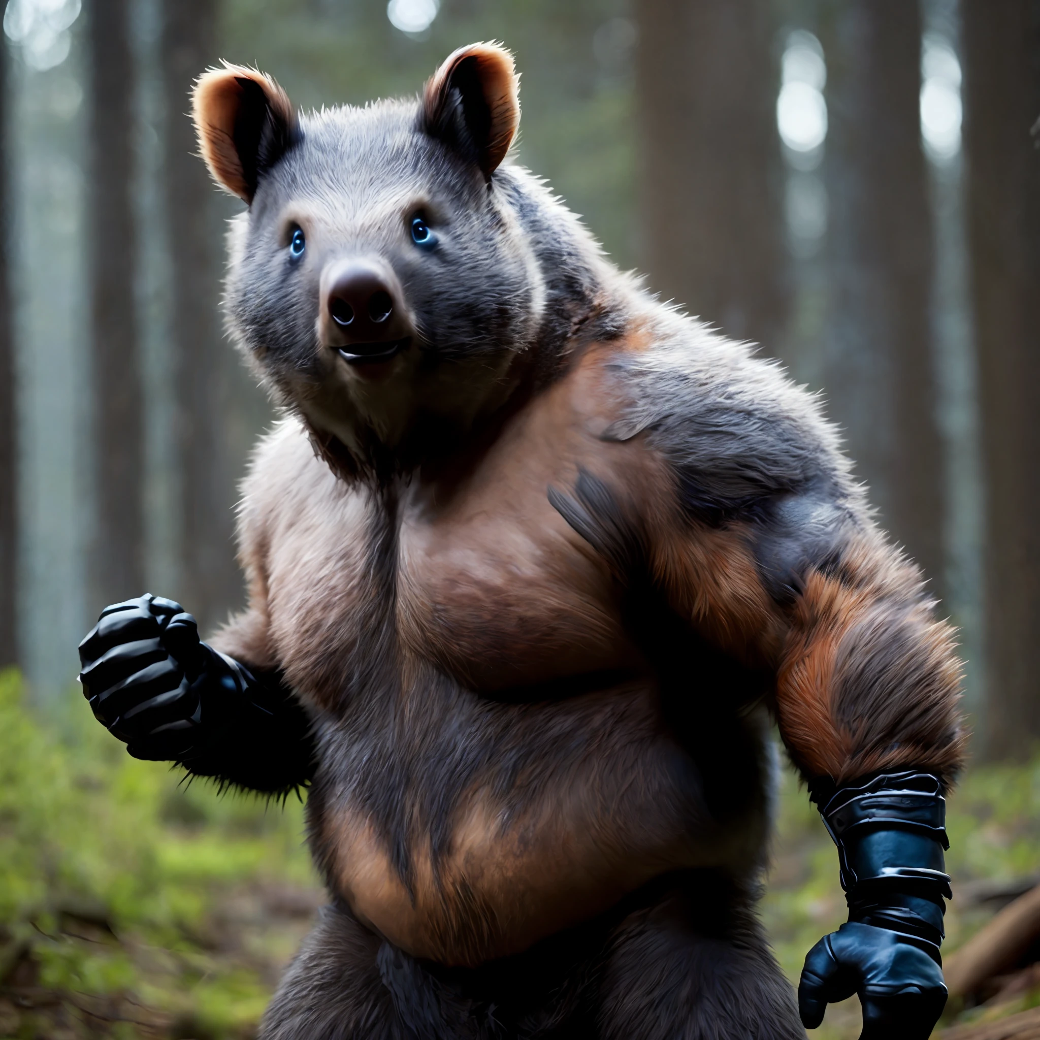 fking_scifi_v2(Muscles: 5.0), well-defined muscles, blood vessels popping all over the skin, wombats, big head, (double biceps pose: 1.1), (kind blue eyes), in the woods, by David Mann, Mark Brooks, WLOP: Bokeh: DSLR, exposure, f/2.8: Warm color palette: Full HD: Natural light: Daylight: