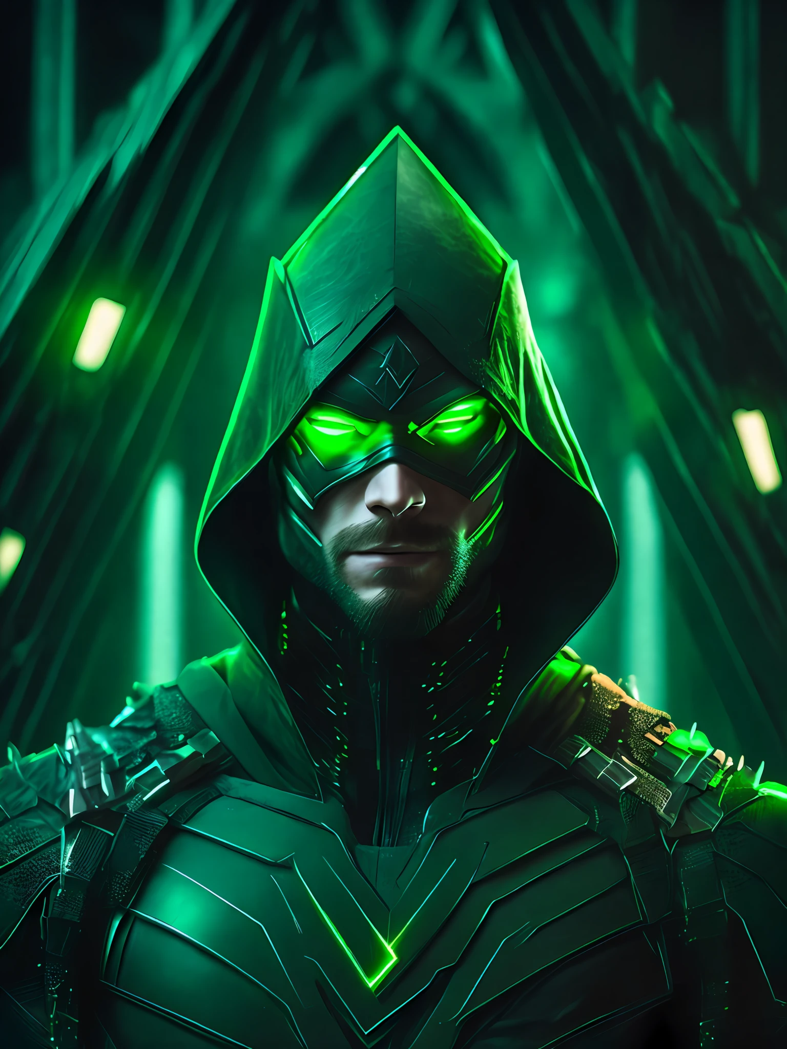 dark portrait of Green Arrow from DC with intricate angular cybernetic implants inside a brutalist building, gothic brutalist cathedral, cyberpunk, award-winning photo, bokeh, neon lights, cybernetic limb