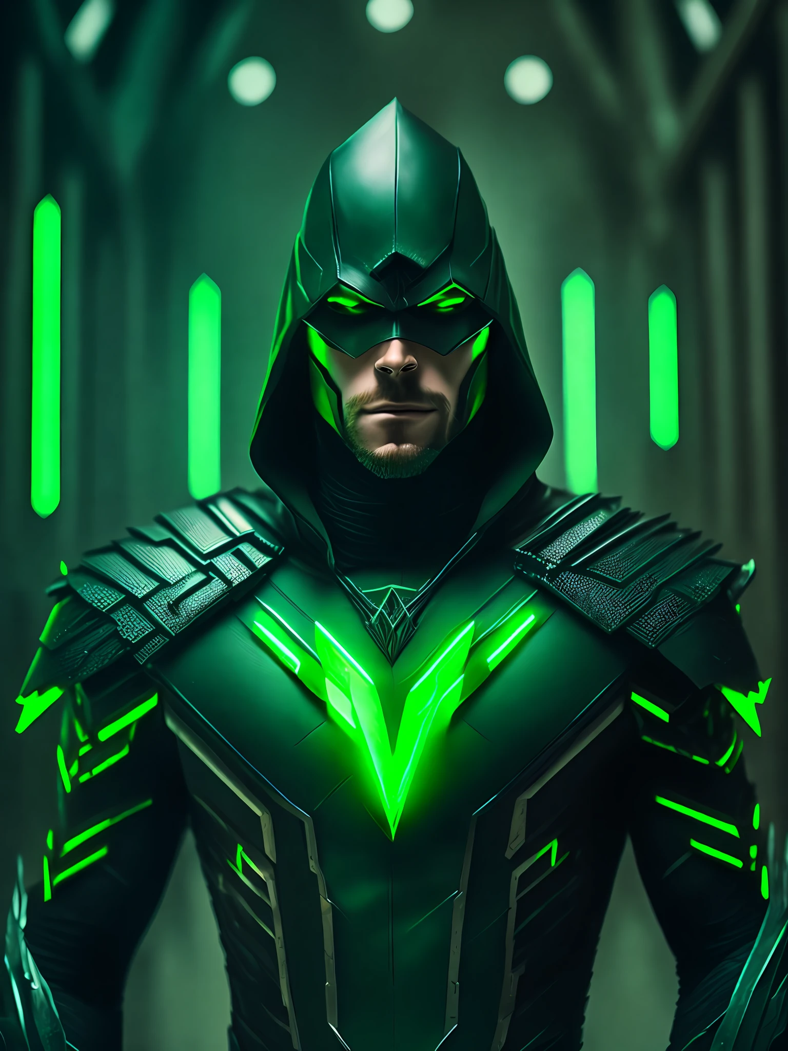 dark portrait of Green Arrow from DC with intricate angular cybernetic implants inside a brutalist building, gothic brutalist cathedral, cyberpunk, award-winning photo, bokeh, neon lights, cybernetic limb