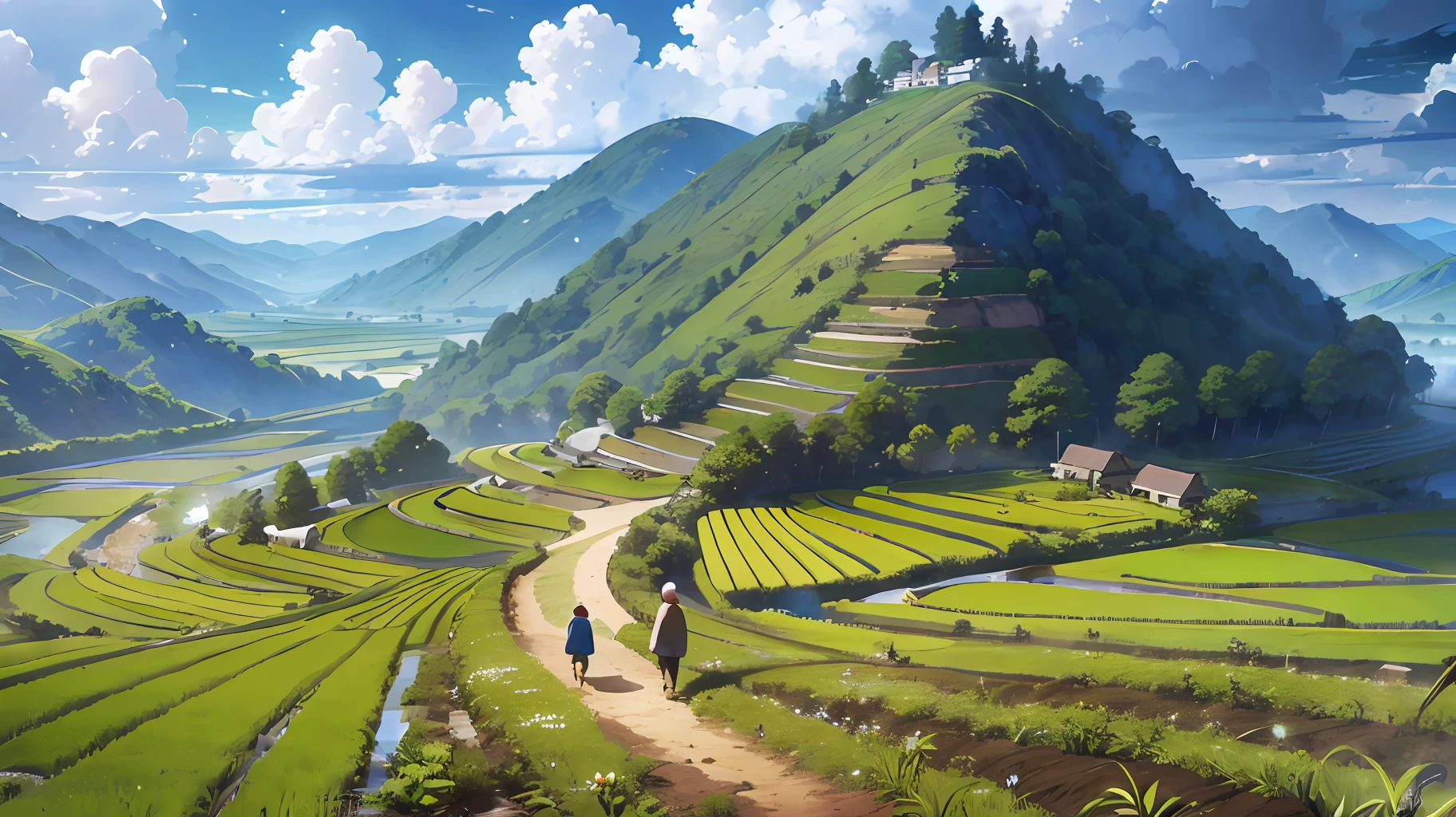 An old farmer carrying a flat burden, walking on the winding path of the countryside, big clouds, blue sky, rice fields, neat rice seedlings in the field, forest, hillside, secluded, countryside, HD detail, hyper-detail, cinematic, surrealism, soft light, deep field focus bokeh, ray tracing and surrealism. --v6