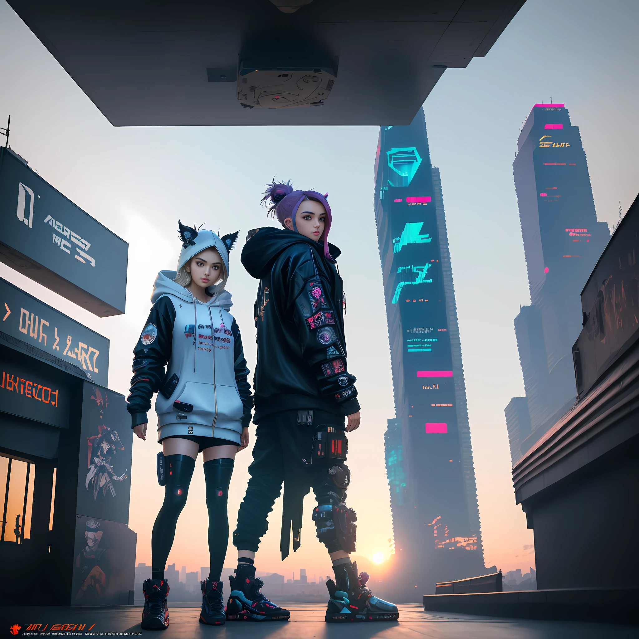araffe posing next to a giant robot in a city, cyberpunk anime girl mech, cyberpunk 2 0 y. o model girl, girl in mecha cyber armor, digital cyberpunk anime art, cyberpunk anime girl, female cyberpunk anime girl, cyberpunk streetwear, artwork in the style of guweiz, e-girl, e - girl, cyberpunk anime girl in hoodie