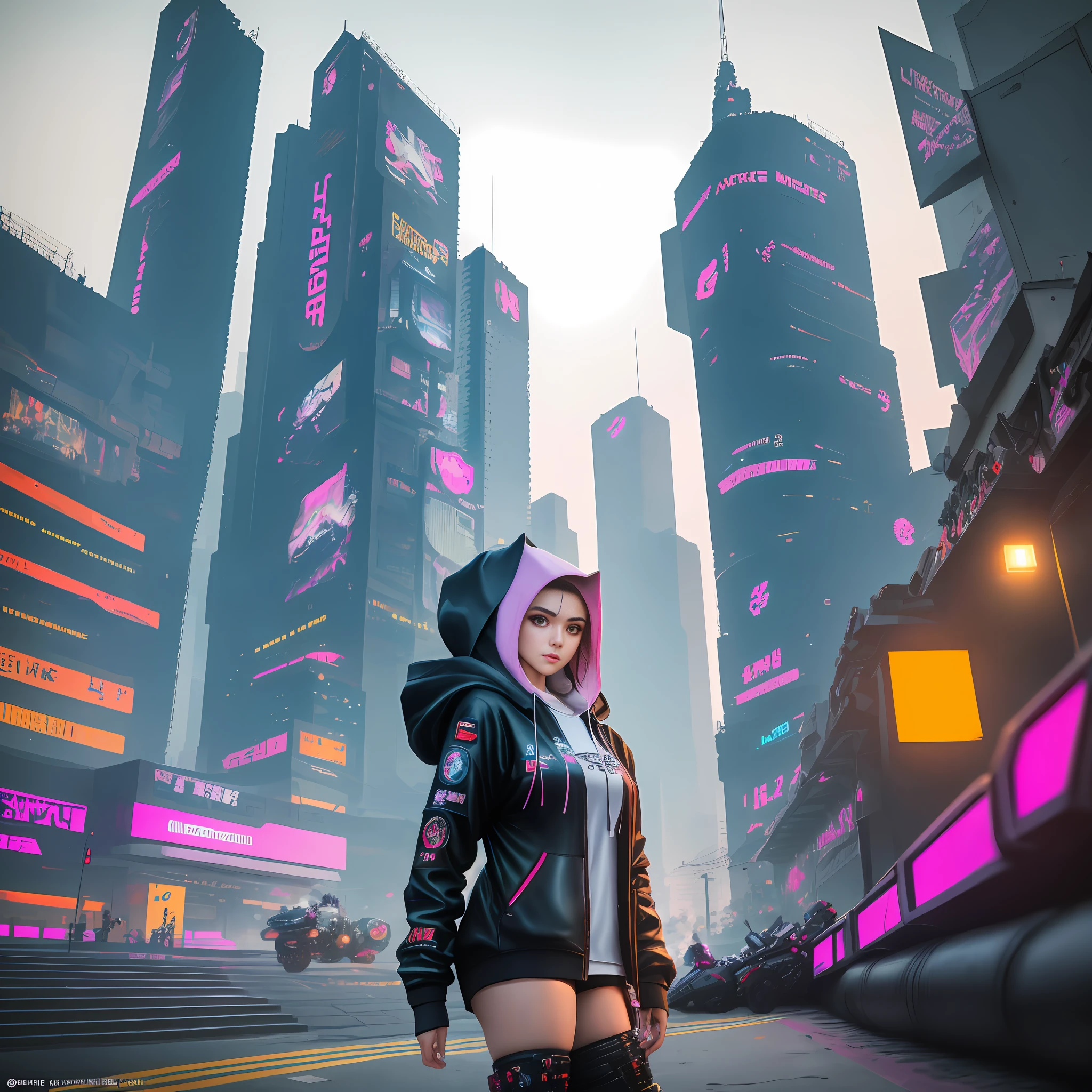 araffe posing next to a giant robot in a city, cyberpunk anime girl mech, cyberpunk 2 0 y. o model girl, girl in mecha cyber armor, digital cyberpunk anime art, cyberpunk anime girl, female cyberpunk anime girl, cyberpunk streetwear, artwork in the style of guweiz, e-girl, e - girl, cyberpunk anime girl in hoodie