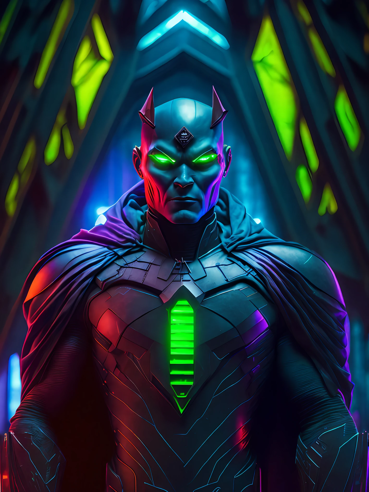 somber portrait of Martian Manhunter from DC with intricate angular cybernetic implants inside a brutalist building, gothic brutalist cathedral, cyberpunk, award-winning photo, bokeh, neon lights, cybernetic limb