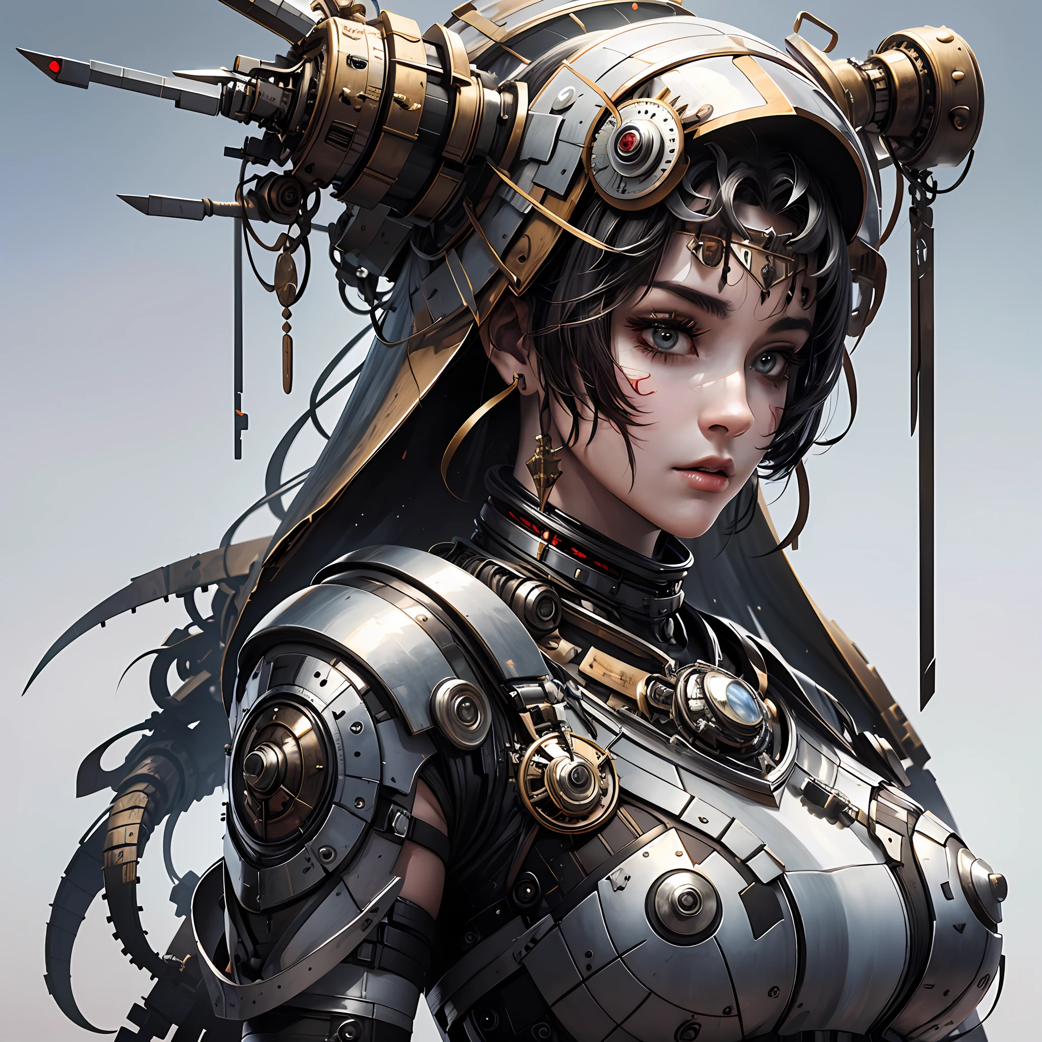 (masterpiece), (best quality), 8k resolution, RAW photo, realistic, 1girl, girl in exoskeleton, white armor, mechanical, stunning beauty, a huge robot at the background, stand, cool pose