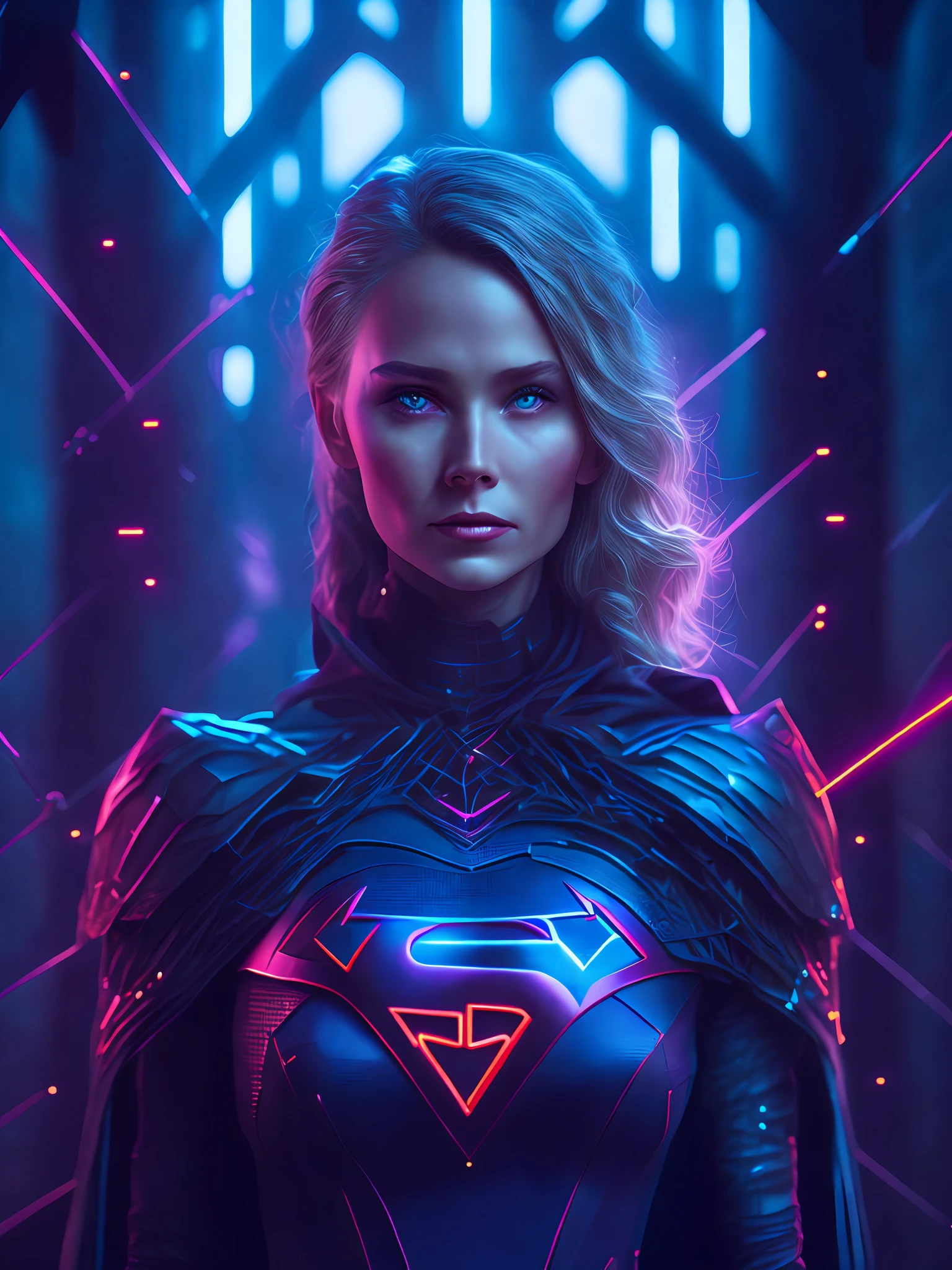 a somber portrait of Supergirl from DC with intricate angular cybernetic implants inside a brutalist building, a gothic brutalist cathedral, cyberpunk, award-winning photos, bokeh, neon lights, cybernetic limb
