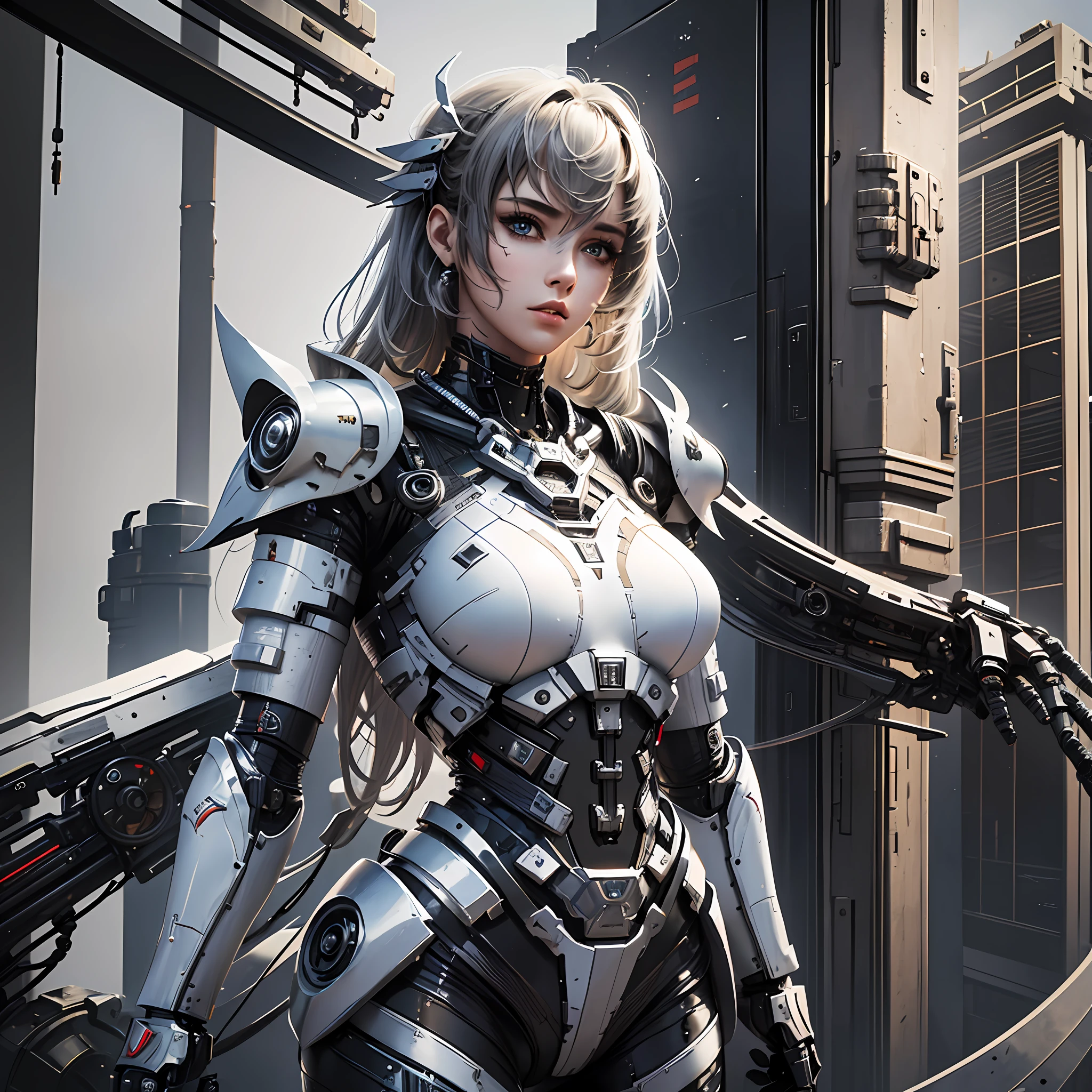 (masterpiece), (best quality), 8k resolution, RAW photo, realistic, 1girl, girl in exoskeleton, white armor, mechanical, stunning beauty, a huge robot at the background, stand, cool pose