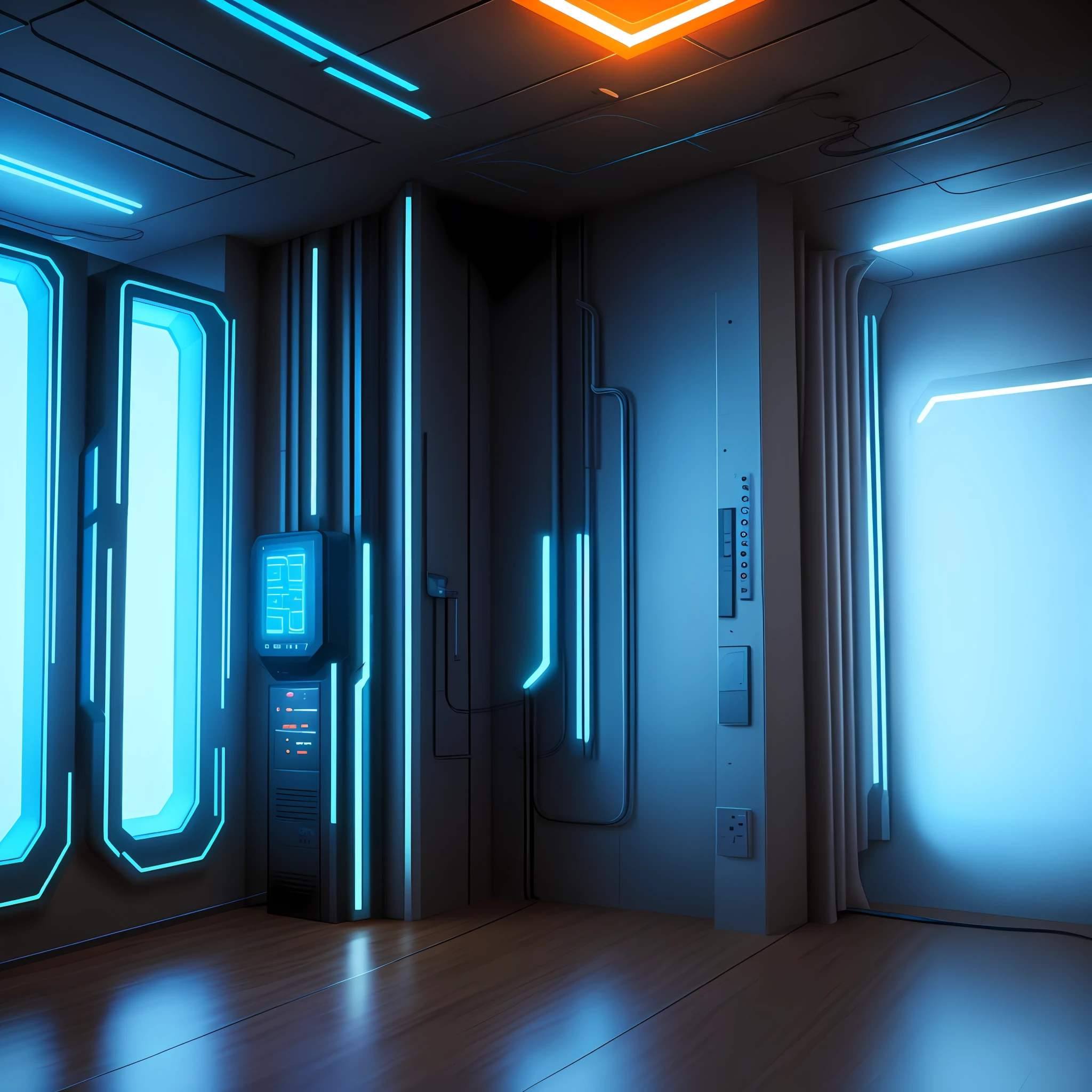 Setting of a cyberpunk room with blue and orange lights