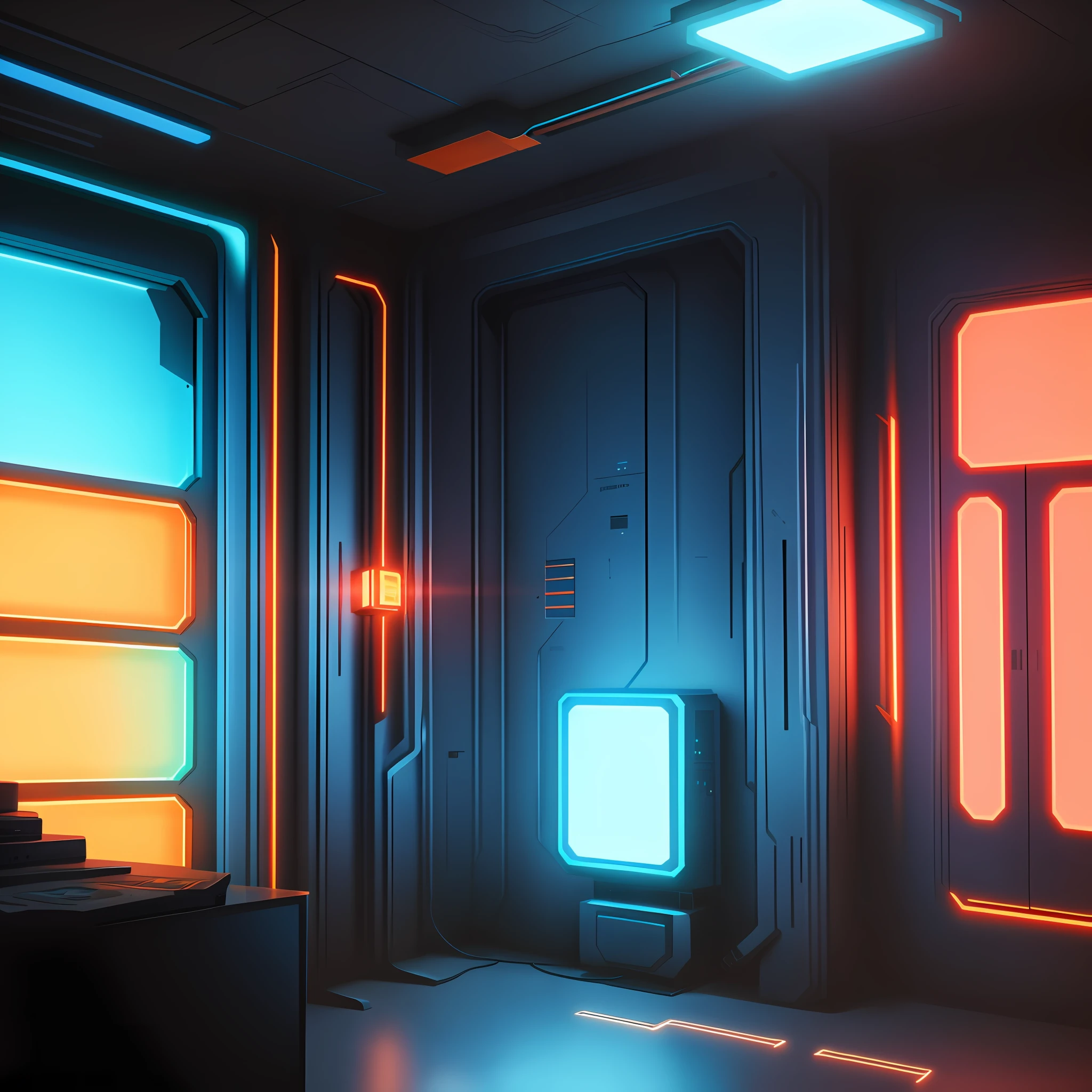Setting of a cyberpunk room with blue and orange lights