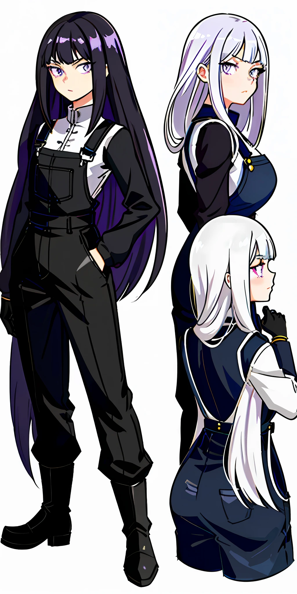 Masterpiece: 1.6, best quality: 1.4, live image: 1.2, intricate details: 1.2, (character design sheet, same character, front, side, back), 1girl, Appearance: violet eyes, medium breasts, detailed eyes, quality eyes, Clothing: tight overalls clothing, black overalls, lilac clothing details, lilac cover behind, black gloves Shoe: black boot shoe, Hair: white hair, long hair, straight hair, hair with bangs, Make up: natural, shiny skin, (single background, white background: 1.3), multiple views, multiple views of the same character in the same outfit and different poses: 1.3, anime style my hero academia.