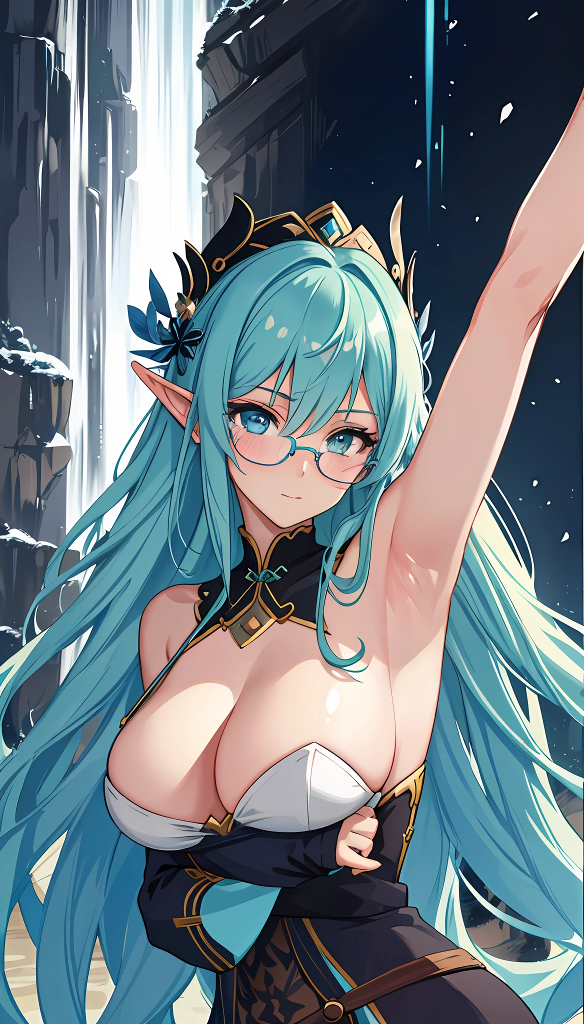 1 girl, looking at the audience, green hair, blue eyes, beautiful thin eyes, long double tails, wizard hat, wearing rags, singing magic, arcane, magic around, knowledge, eye of the abyss, deep blue sky, death, medium breasts, ((masterpiece)), (best quality)), (beautiful detail eyes)), (eyelashes), elves, very detailed CG Unity 8k wallpaper, masterpiece, ((super detailed)), ((illustration)), color, wallpaper, showing armpits, hand scratching hair, Ass up, squat, magic weapon holding pole, nanny glasses, blushing expression, light through close-up on face, Genshin hairstyle, blonde headdress, multi-colored hair, waterfall hairstyle, double germanium head roll, heavy makeup, not big enough close-up tits, big tits, nude