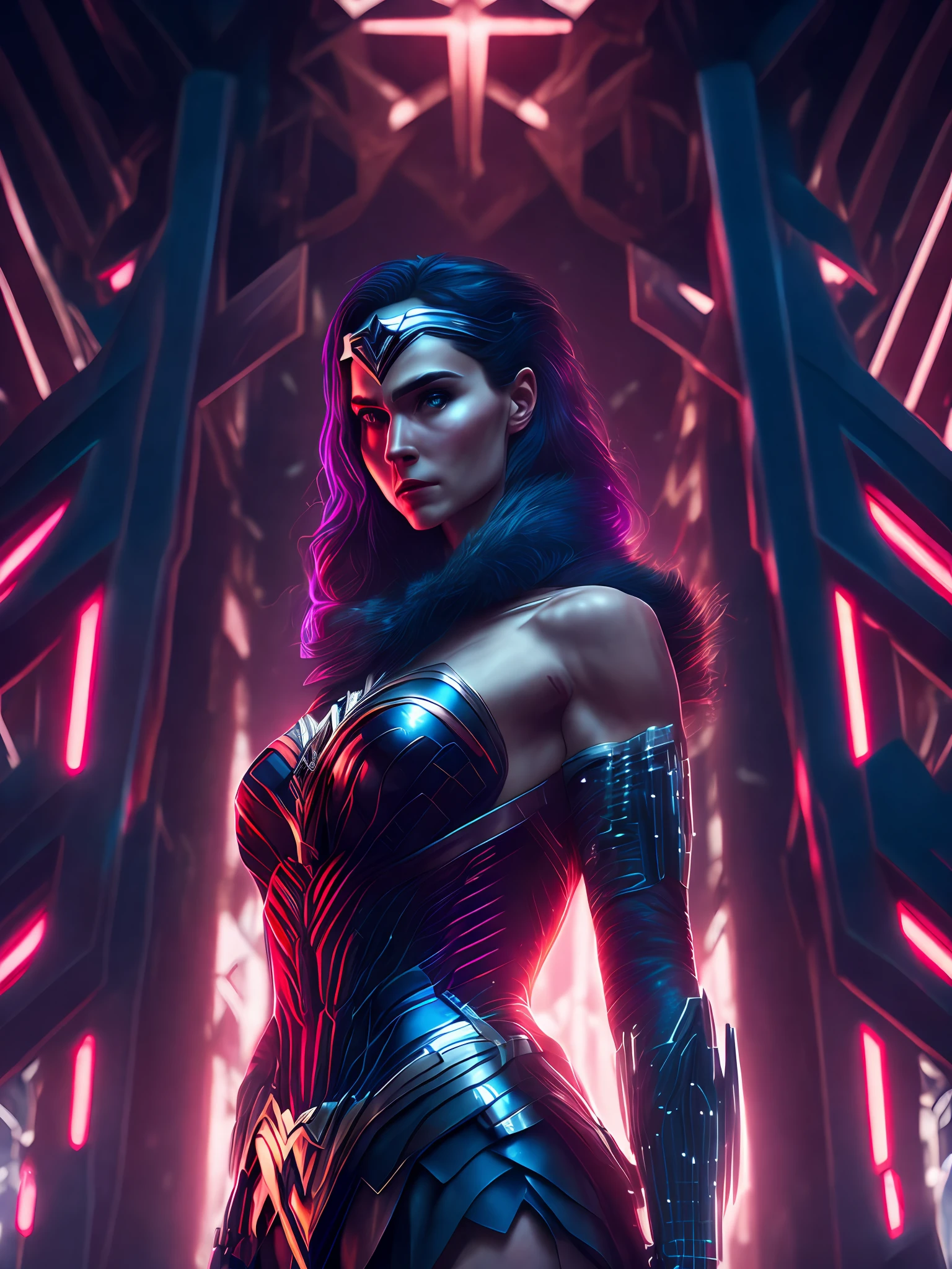 somber portrait of Wonder Woman from DC with intricate angular cybernetic implants inside a brutalist building, gothic brutalist cathedral, cyberpunk, award-winning photo, bokeh, neon lights, cybernetic limb