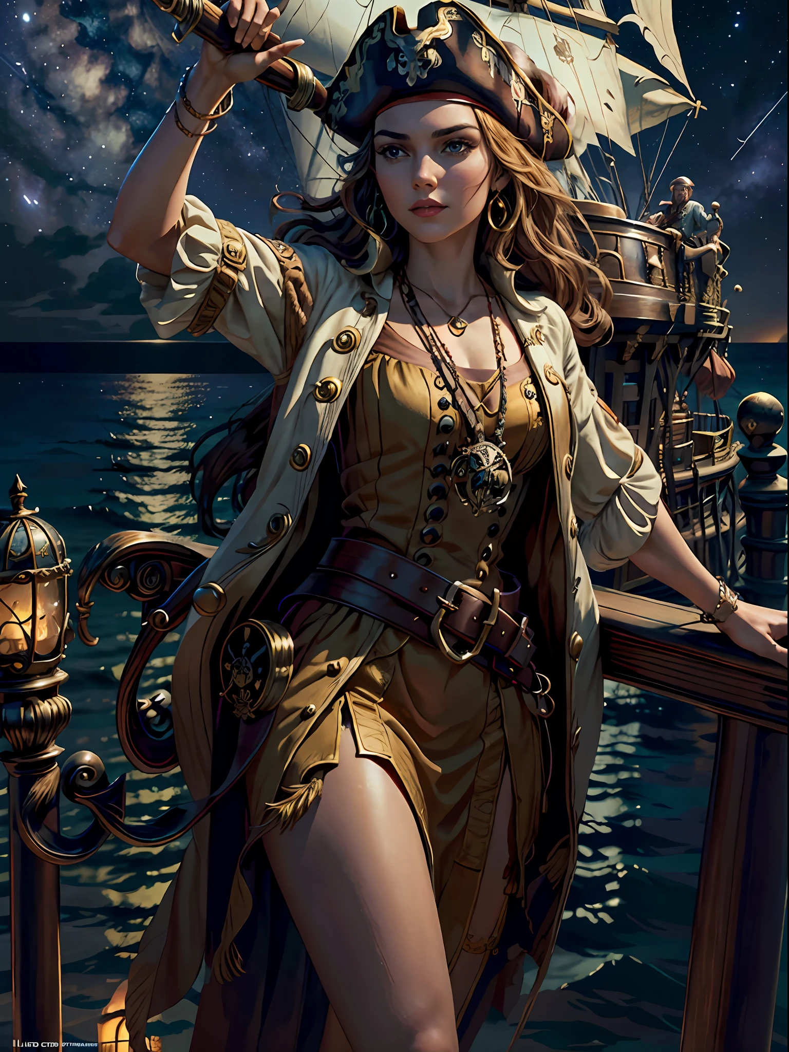 (Style of Art Deco), (precision crafted CG architecture wallpaper), (Pirates of the Caribbean: 1.3), extremely exquisite young lady, perfect body, maritime, swashbuckler, detailed pirate ship, (8k quality), (peak standard), (artistic brilliance), (lifelike), (photo-accurate), meticulous detailing, charismatic captain, finely dressed, fierce eyes, intricate beard,(on the ship's helm under the stars), Caribbean sea at night, distant islands, dynamic pose