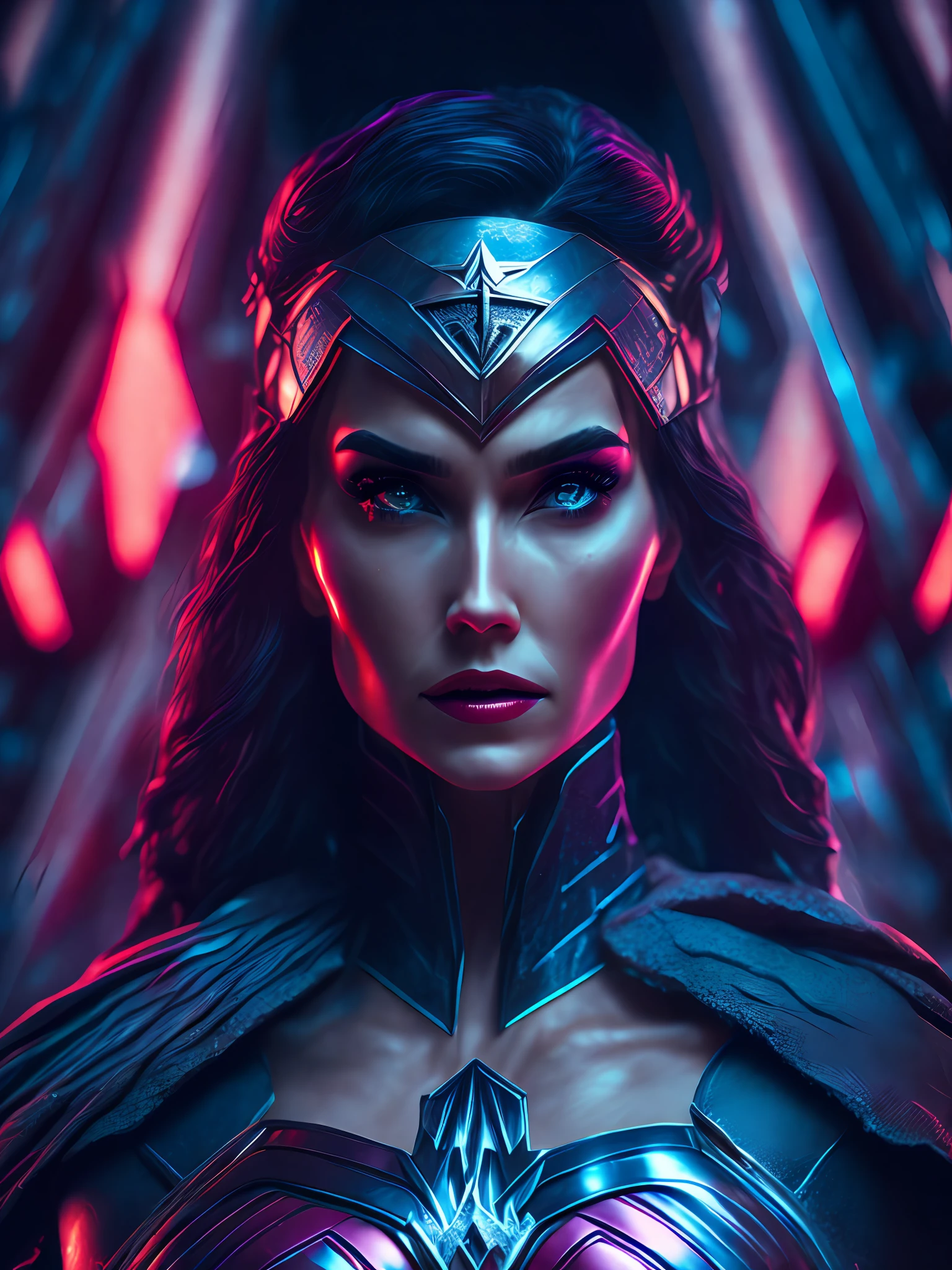 somber portrait of Wonder Woman from DC with intricate angular cybernetic implants inside a brutalist building, gothic brutalist cathedral, cyberpunk, award-winning photo, bokeh, neon lights, cybernetic limb