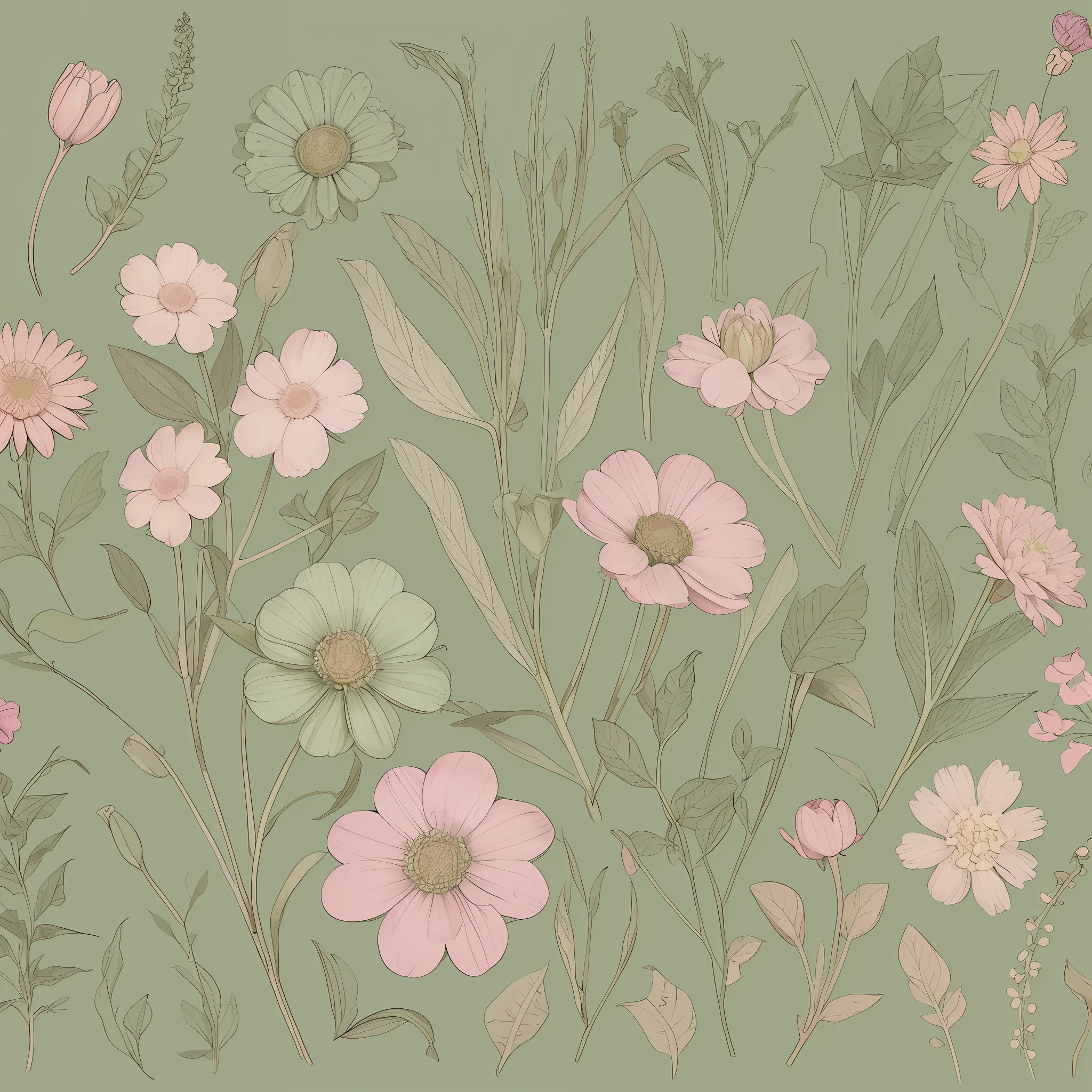Small flower pattern label style, flat style, vector style, drawing style, naïve style, in very soft pastel colors such as old pink, moss green, pastel green, pastel blue, beige, light yellow.