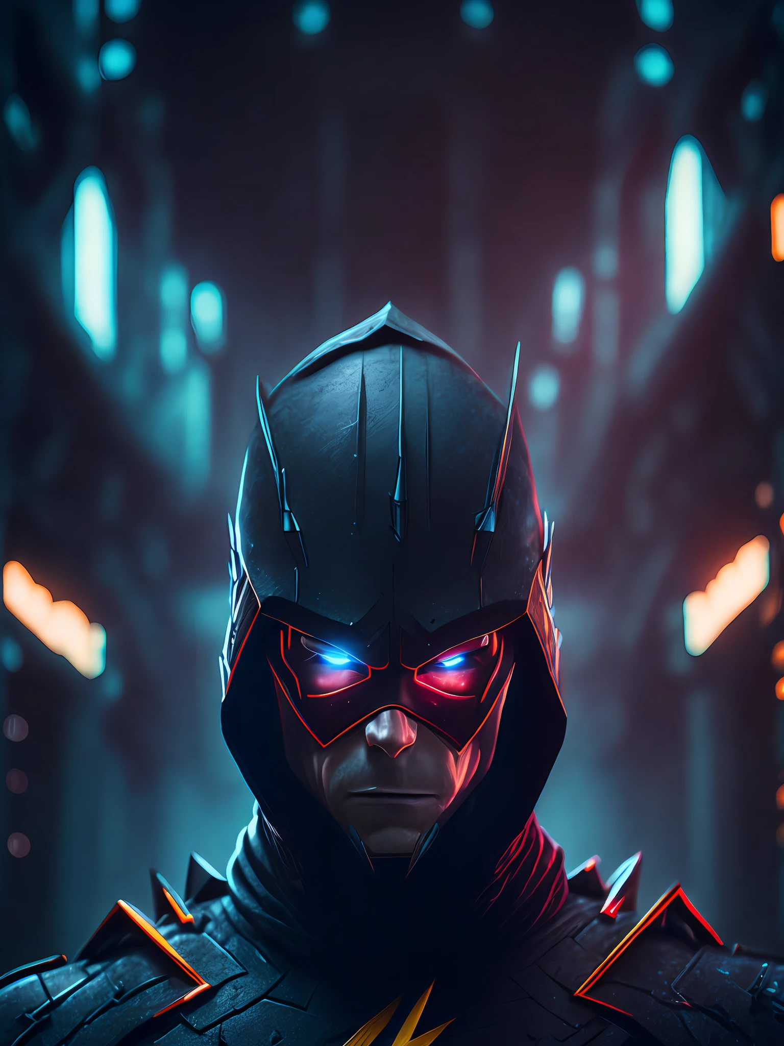 gloomy portrait of Evil Flash from DC with intricate angular cybernetic implants inside a brutalist building, gothic brutalist cathedral, cyberpunk, award-winning photo, bokeh, neon lights, cybernetic limb