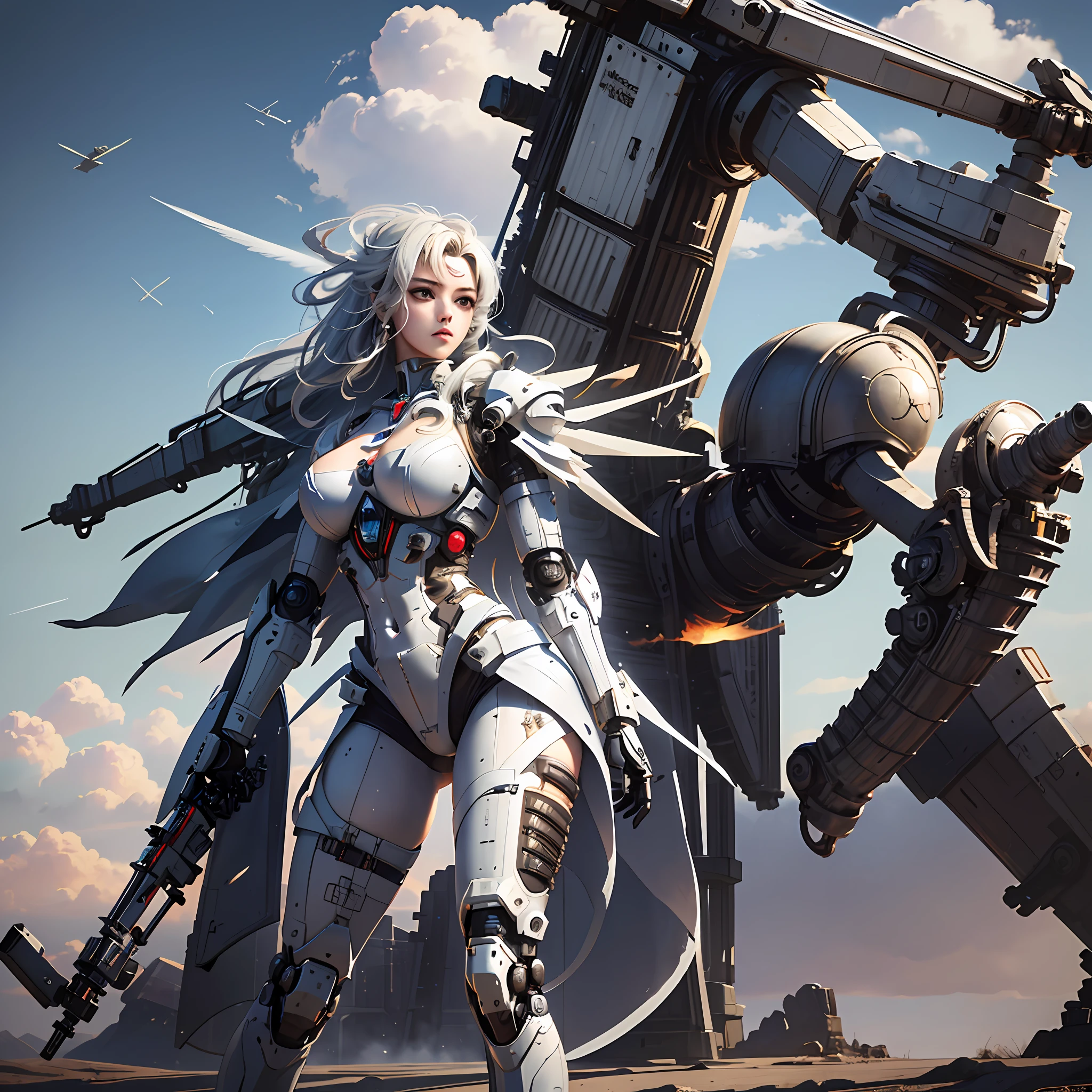 (masterpiece), (best quality), 8k resolution, RAW photo, realistic, 1girl, girl in exoskeleton, white armor, white mechanical wings, mechanical, stunning beauty, full body, a huge gundam robot at the background, stand, cool pose