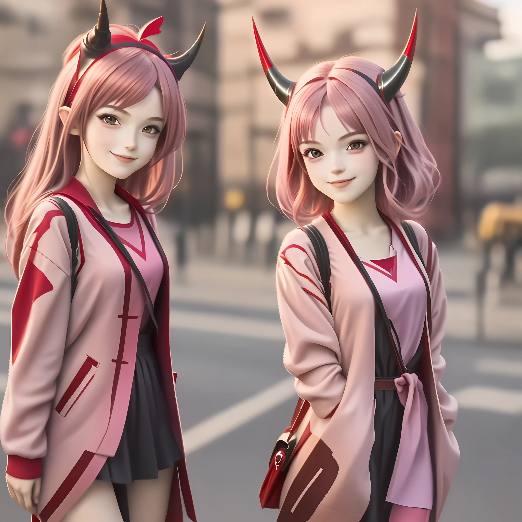 red hero costume, halfbody view, european young girl, (smirking), pink medium hair, horns, empty streets, anime style, high quality, highly detailed, artstation, nice colors, sharp focus, clear lines, contrast, 4k, 8k
