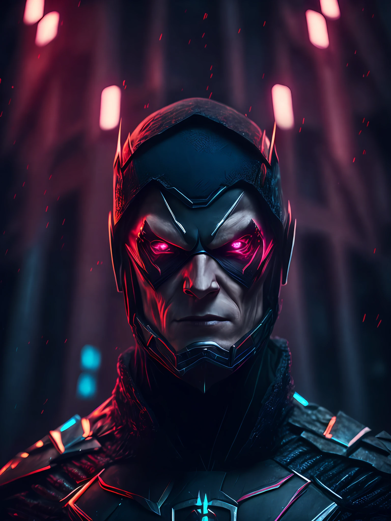 gloomy portrait of Evil Flash from DC with intricate angular cybernetic implants inside a brutalist building, gothic brutalist cathedral, cyberpunk, award-winning photo, bokeh, neon lights, cybernetic limb