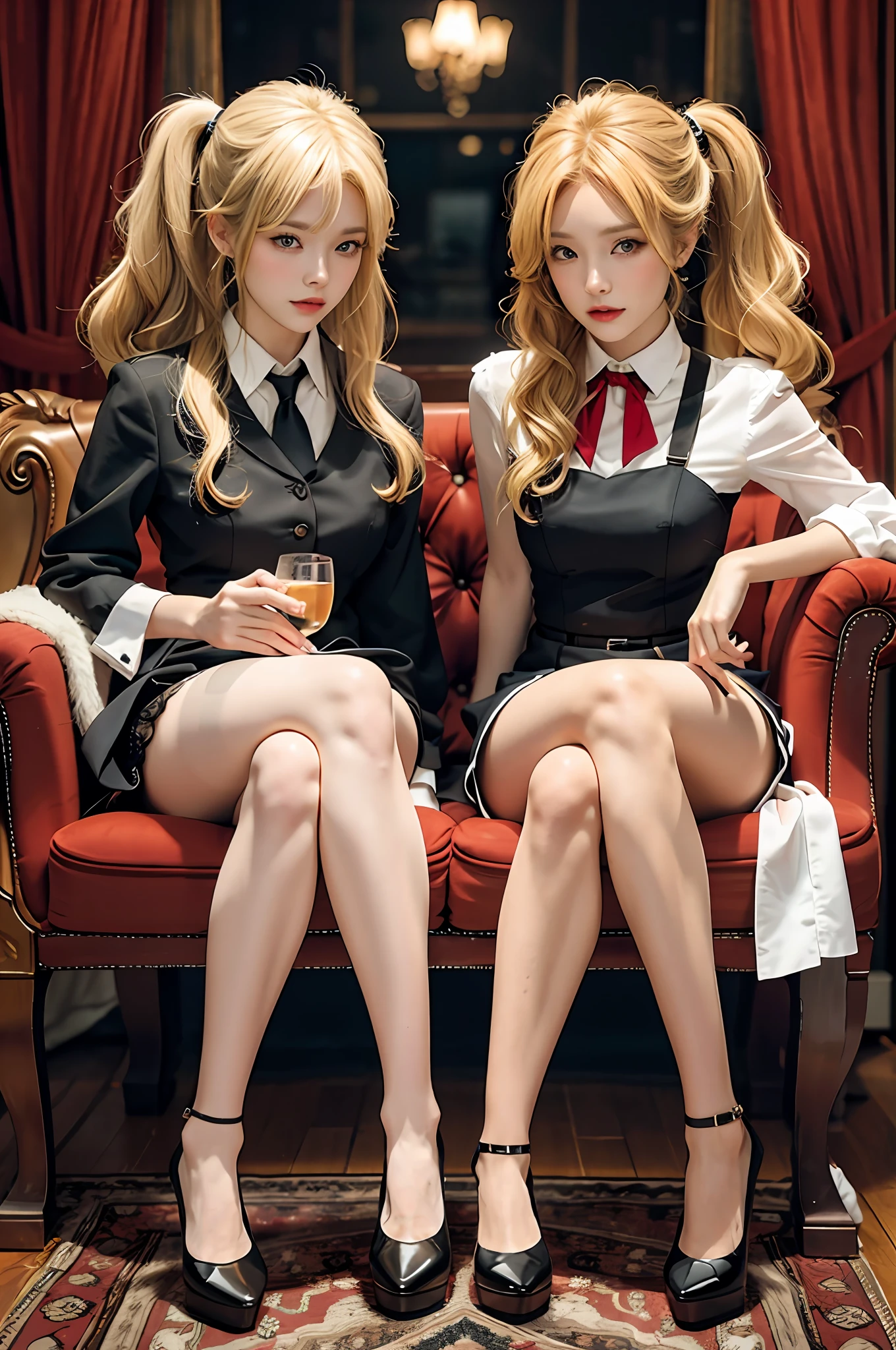Twins, blonde, flesh-colored stockings, mature woman, high heels, cute face, double ponytail