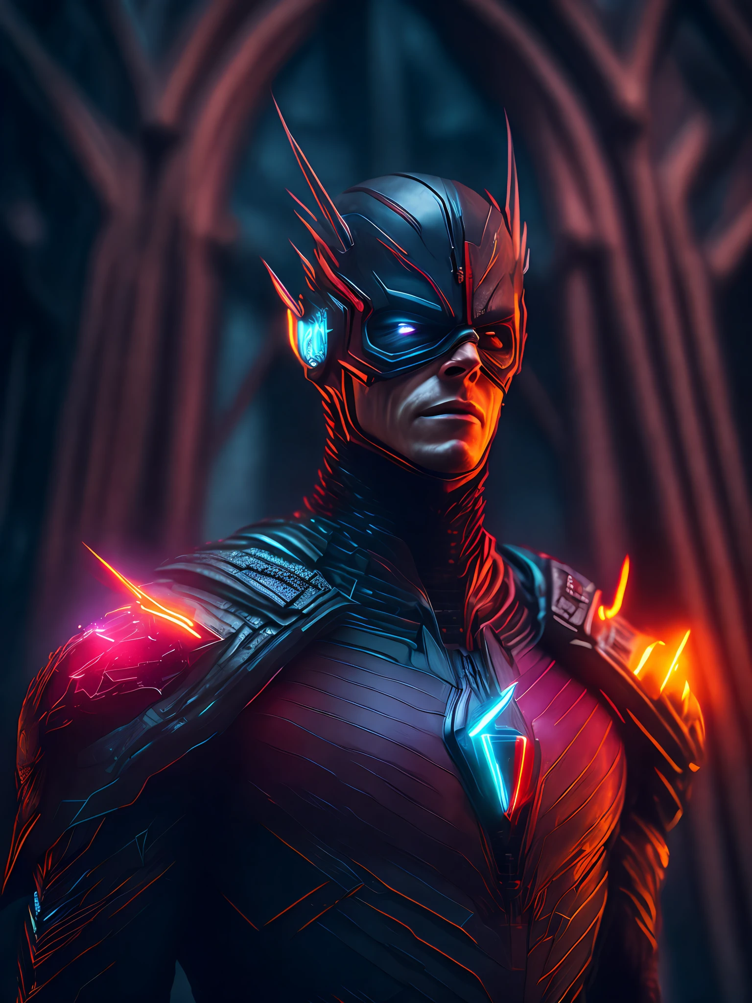 gloomy portrait of Evil Cyborg Flash from DC with intricate angular cybernetic implants inside a brutalist building, gothic brutalist cathedral, cyberpunk, award-winning photo, bokeh, neon lights, cybernetic limb