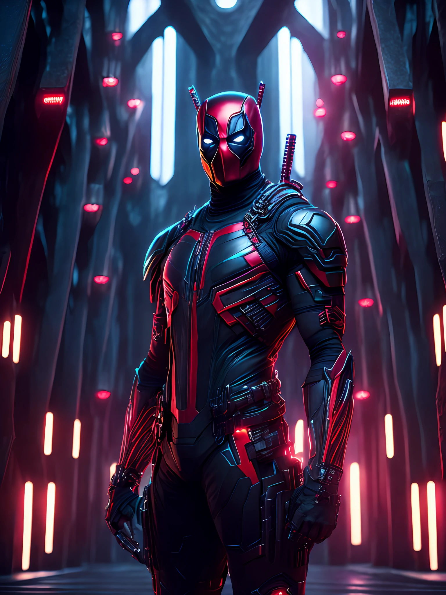 dark portrait of Cyborg Deadpool from Marvel with intricate angular cybernetic implants inside a brutalist building, gothic brutalist cathedral, cyberpunk, award-winning photo, bokeh, neon lights, cybernetic limb