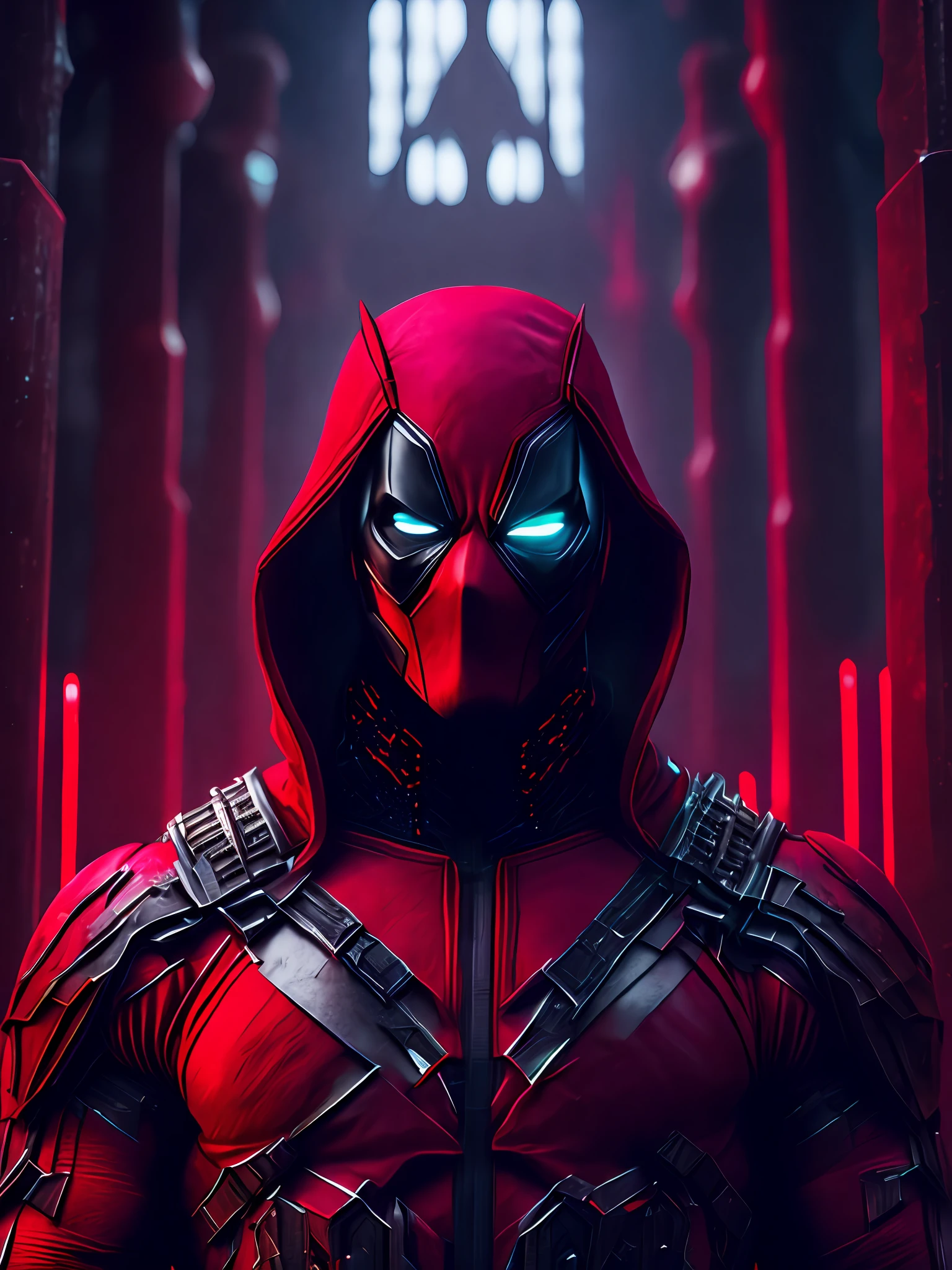 gloomy portrait of Evil Deadpool from Marvel with intricate angular cybernetic implants inside a brutalist building, gothic brutalist cathedral, cyberpunk, award-winning photo, bokeh, neon lights, cybernetic limb