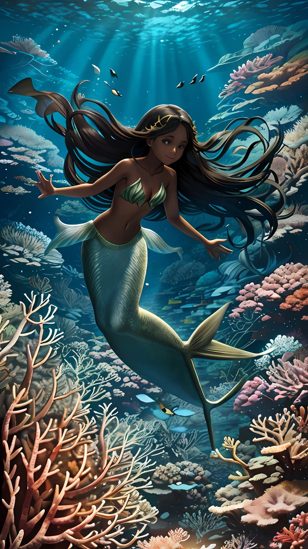 Mermaid, brown skin, long black hair, on the seabed, fish, algae, starfish, corals, delicate face, untla resolution