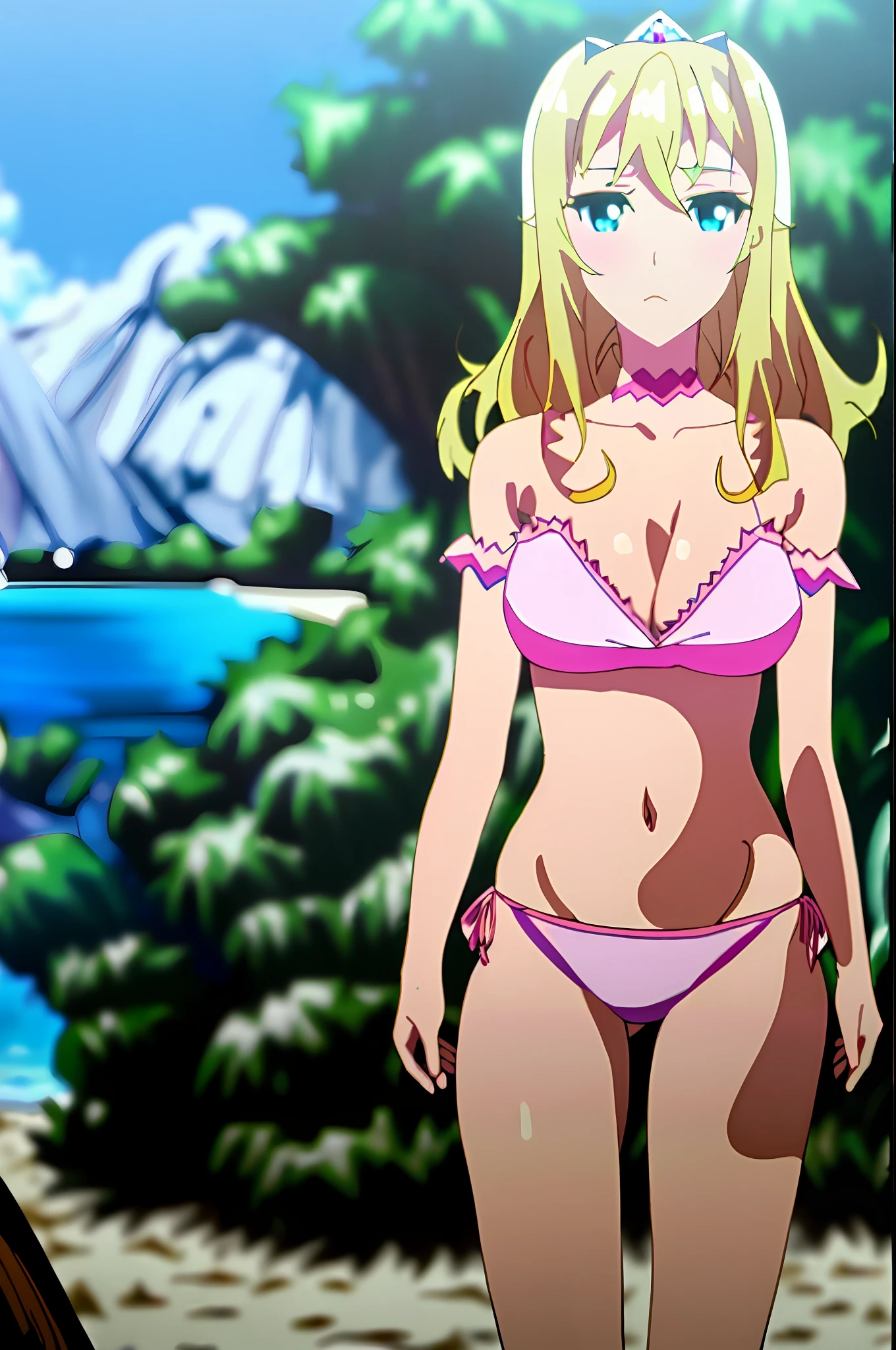 masterpiece, (((best quality))), anime art style, Liliana, ((shoulder-length wavy blonde hair)), (blue eyes), blue eye, (((large breasts))), (((pink bikini))), playing on the beach, navel uncovered, chest in sight, legs in the sand, (((full sensual body))), sensual body curves,