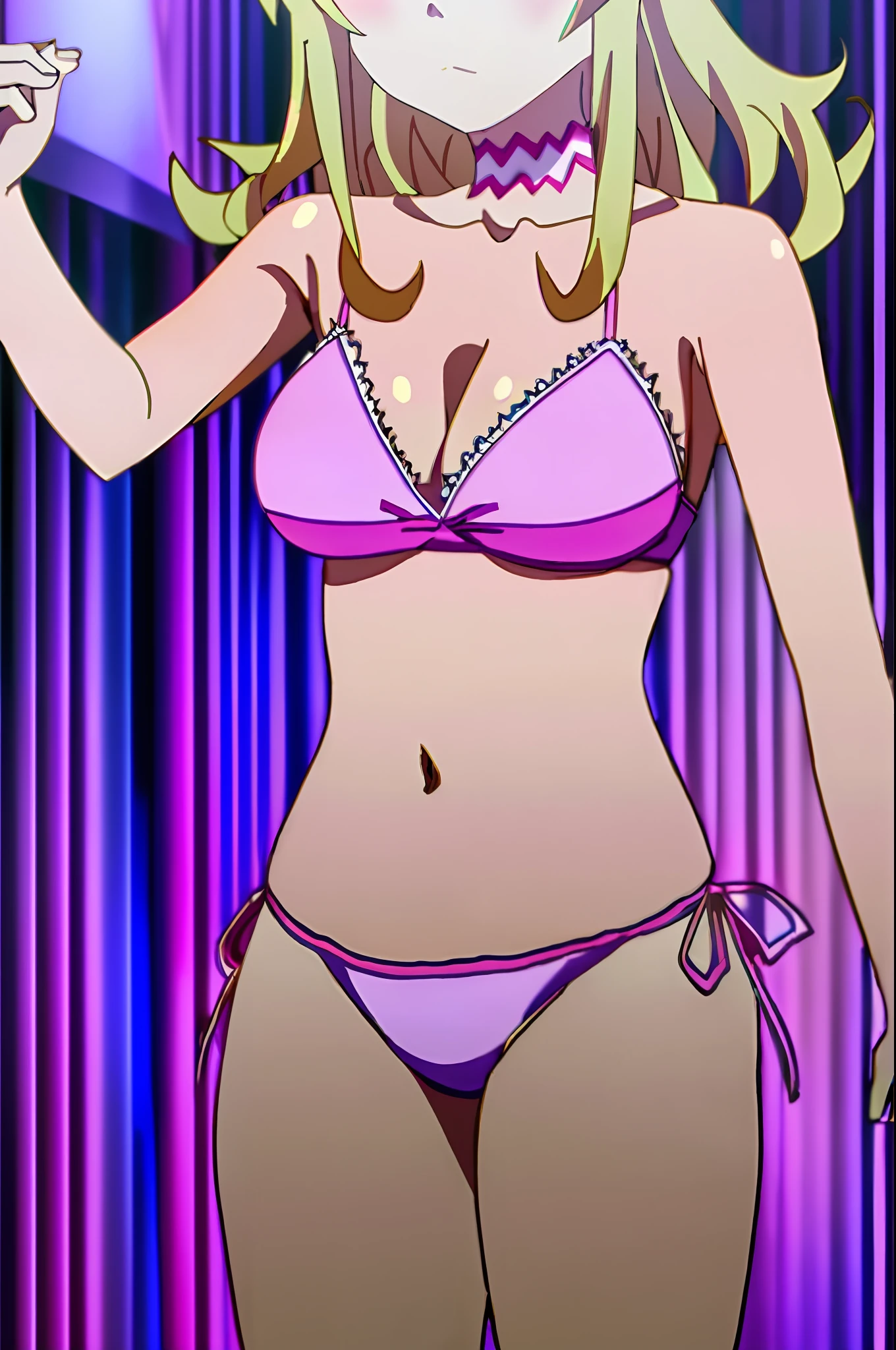 masterpiece, (((best quality))), anime art style, Liliana, ((shoulder-length wavy blonde hair)), (blue eyes), blue eye, (((large breasts))), (((pink bikini))), playing on the beach, navel uncovered, chest in sight, legs in the sand, (((full sensual body))), sensual body curves,