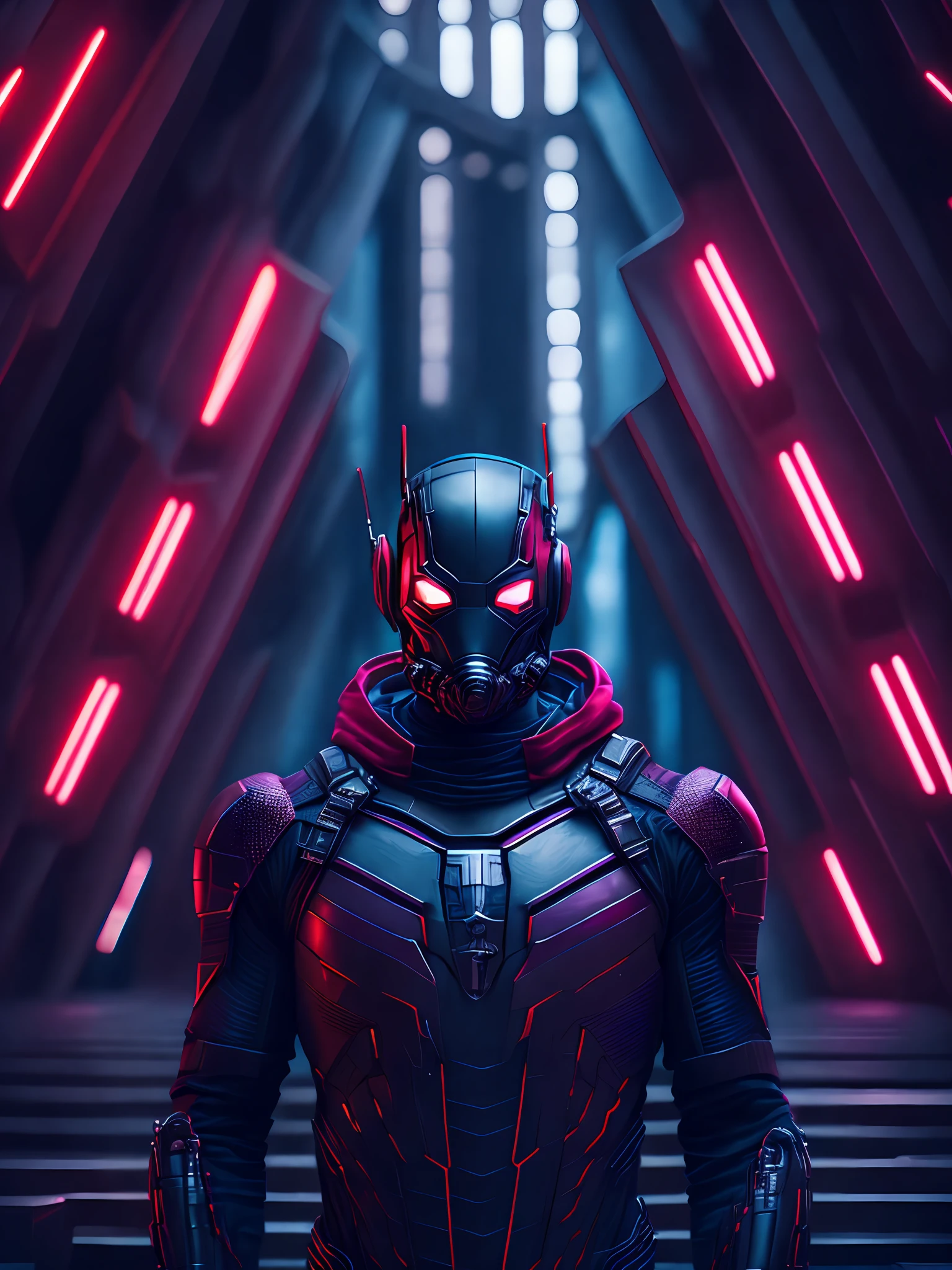 gloomy portrait of Ant-Man from Marvel with intricate angular cybernetic implants inside a brutalist building, gothic brutalist cathedral, cyberpunk, award-winning photo, bokeh, neon lights, cybernetic limb