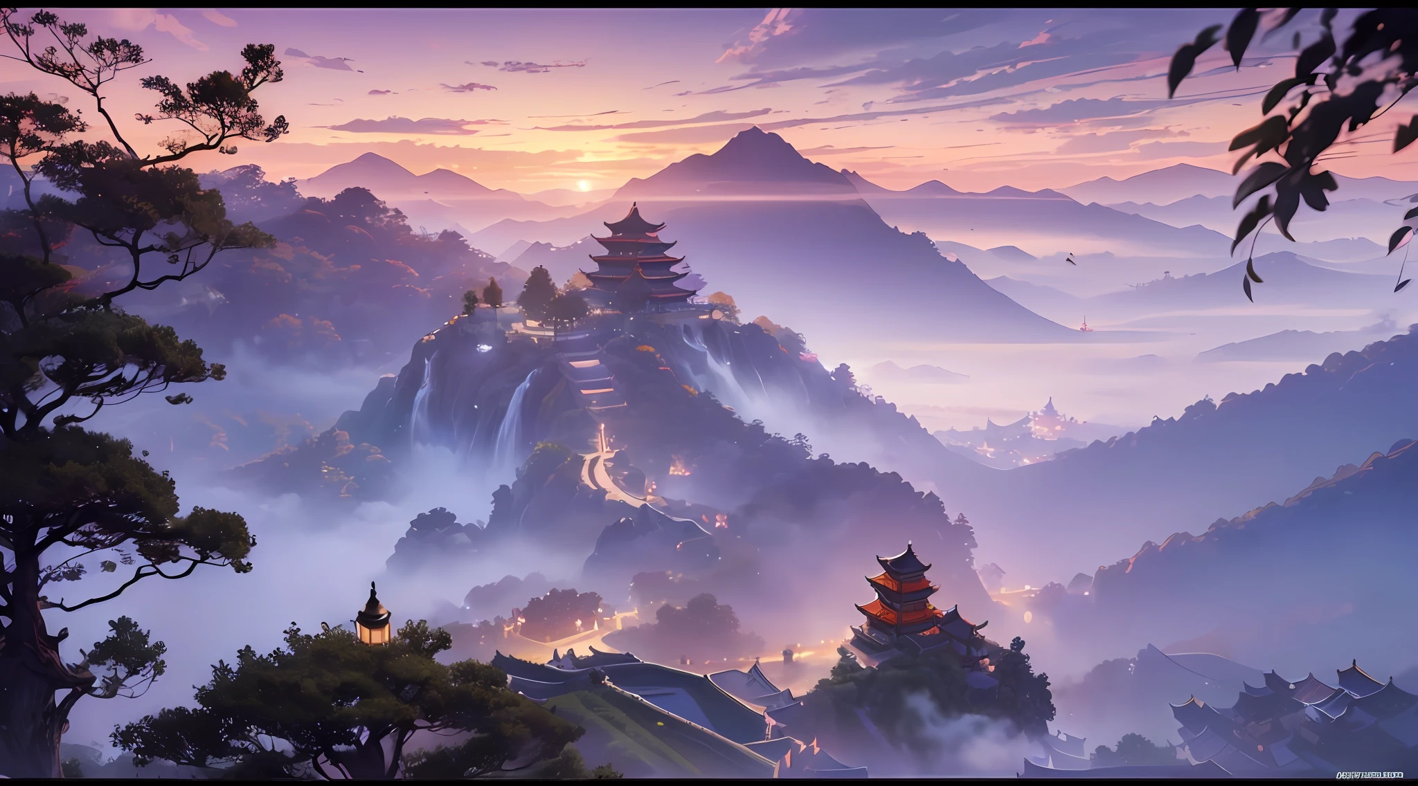 ( ( Top view, high angle view, Focal point composition) ) , Sunset Gradient, moonlit night, halo, beautiful play of shadow, light effects, (Autumn),(many raditional Chinese architecture on a floating island), there are many scattered buildings, waterfall, clouds, group of buildings, sky lanterns, high mountains, soft color, refreshing, beautiful, Chinese landscape painting, cinematic lighting, cinematic lighting, high detail, (close-up), (chiaroscuro),fine facial details,cinematic lighting, (depth of field), extreme details, realistic light, epic composition, (complex details), (super details: 1.2), Art Station, (Masterpiece, Best Quality, Ultra HD, 32k, --v6