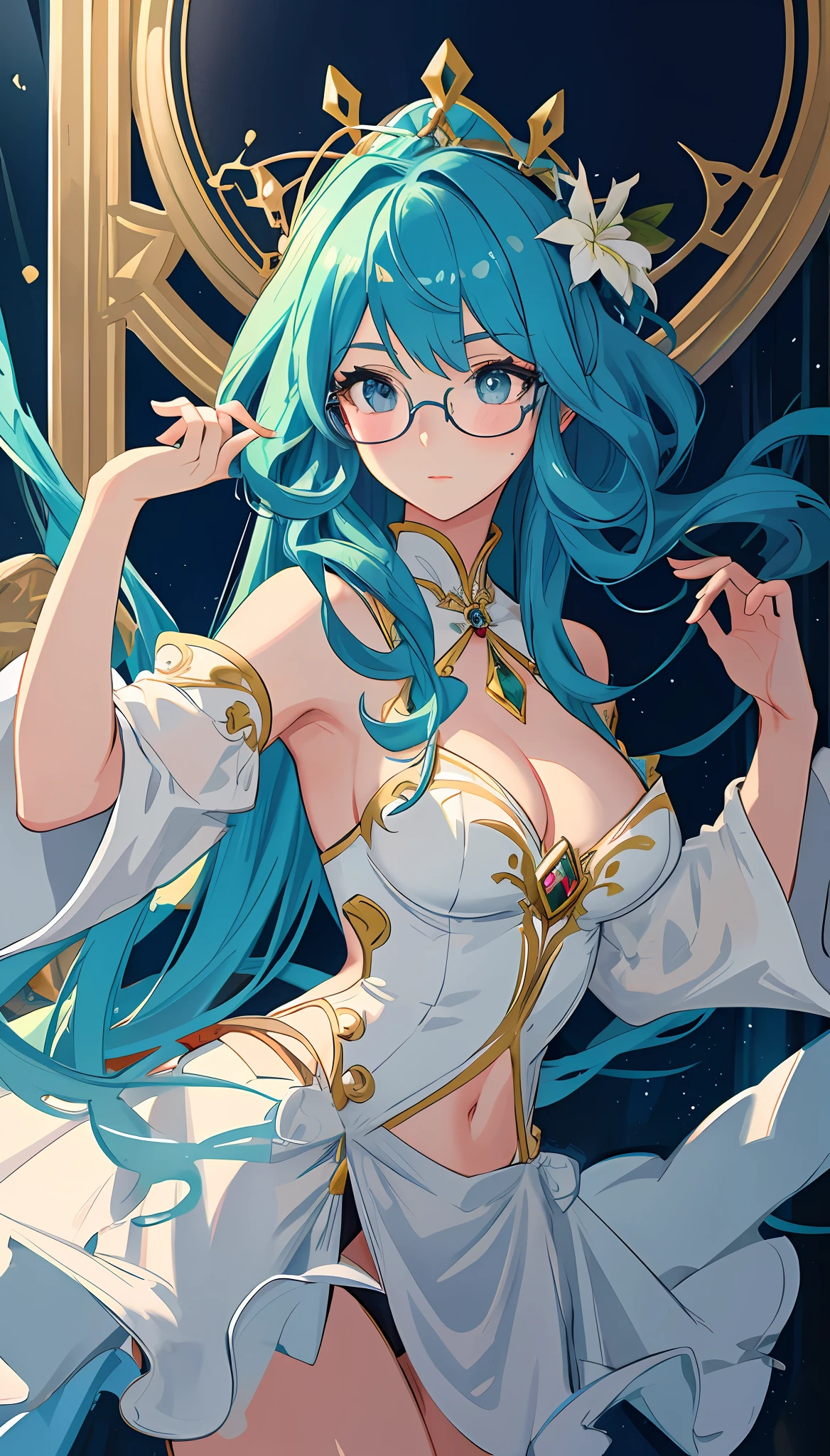 1 girl, looking at the audience, green hair, blue eyes, beautiful thin eyes, long double tails, wizard hat, wearing rags, singing magic, arcane, magic around, knowledge, eye of the abyss, deep blue sky, death, medium breasts, ((masterpiece)), (best quality)), (beautiful detail eyes)), (eyelashes), elves, very detailed CG Unity 8k wallpaper, masterpiece, ((super detailed)), ((illustration)), color, wallpaper, showing armpits, hand scratching hair, Butt up, squat, magic weapon holding pole, nanny glasses, blush expression, light on face close-up, Genshin hairstyle, golden headdress, multi-colored hair, waterfall hairstyle, eyes walking, double germanium head roll, heavy makeup, not big enough close-up tits, big tits, nude, queen, upper body close-up, showing only above the chest