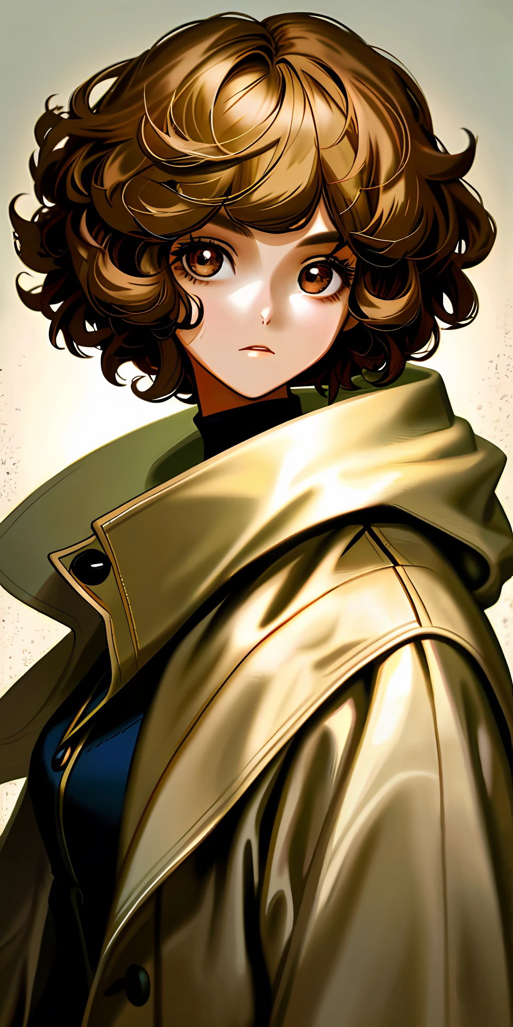 1girl, fair skin, short curled hair, coat, light brown eye, portrait