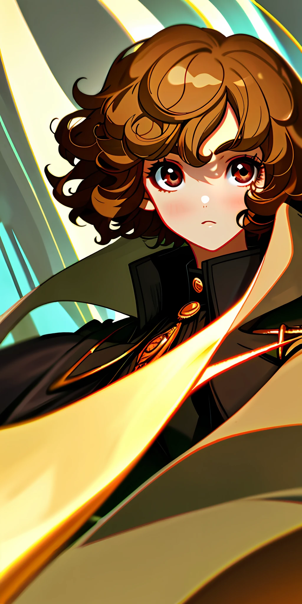 1girl, fair skin, short curled hair, coat, light brown eye, portrait